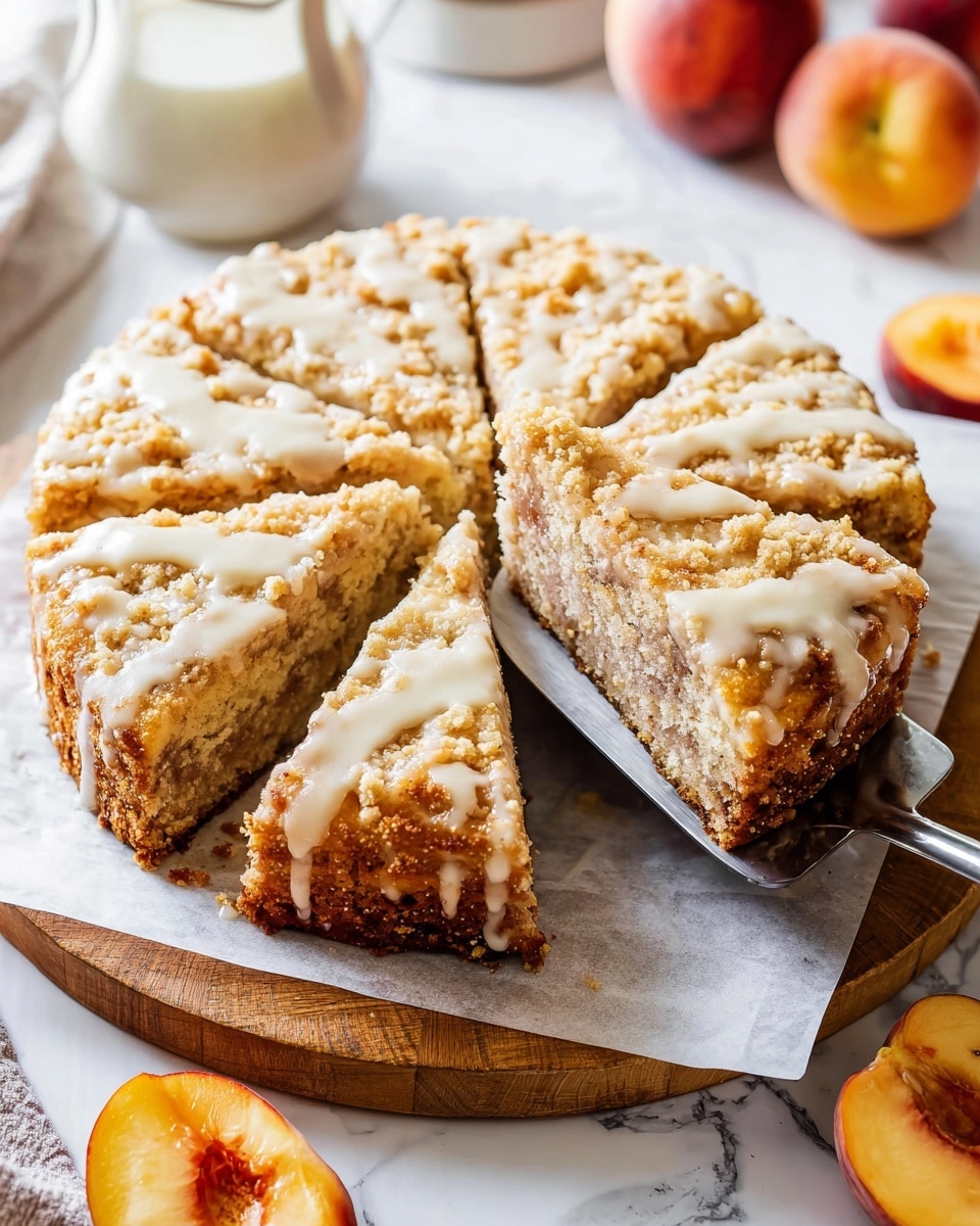 A close-up of a round peach crumb cake cut into several thick slices, placed on white parchment paper over a wooden board. Each slice has two main layers: a moist, golden-yellow cake base with a slightly crumbly texture and a thick, light tan crumb topping with a coarse, crumbly appearance, covered by a glossy, creamy glaze that drips slightly down the sides. One slice is lifted on a dark metal spatula, showing the dense crumb and glaze dripping from the edge. In the background, there are halved and whole peaches and a clear glass of milk, all set on a white marbled surface. photo taken with an iphone --ar 4:5 --v 7