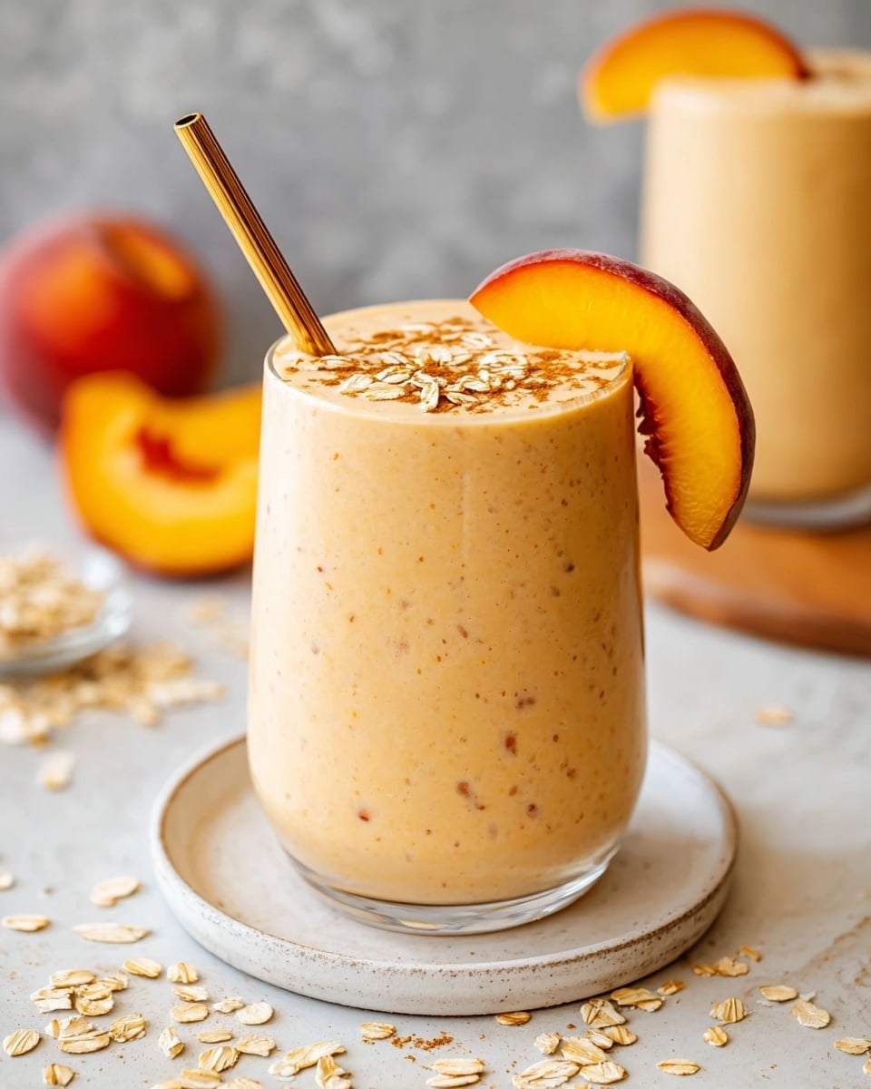 A tall clear glass filled with a creamy light orange smoothie that has tiny dark specks throughout, topped with a sprinkle of oats and cinnamon. The glass is on a white plate with a few oats scattered around it. A peach slice is placed on the rim of the glass, and a shiny orange straw is inserted into the smoothie. In the background, there are some peach slices on a white plate and a white marbled surface beneath everything, with a cinnamon stick also visible. Photo taken with an iphone --ar 4:5 --v 7