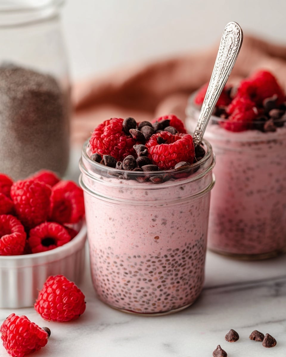 The image shows two small clear glass jars filled with a pink chia pudding that has a speckled, gel-like texture. Each jar is topped with fresh red raspberries and small dark chocolate chips scattered on the surface. One jar has a vintage-style silver spoon placed inside it. Around the jars, there are loose chocolate chips and a small white bowl filled with vibrant red raspberries. The scene is set on a white marbled surface with a soft reddish cloth in the background. photo taken with an iphone --ar 4:5 --v 7