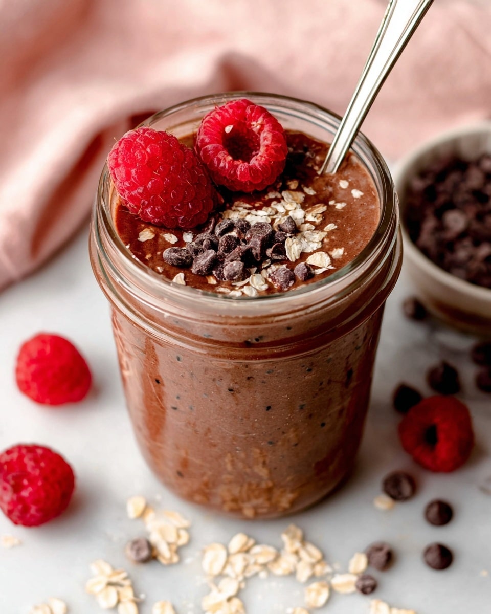 The image shows a clear glass jar filled with a thick, chocolate-brown pudding that has a slightly grainy texture, likely from oats or chia seeds mixed in. On top, there are two bright red raspberries placed near the edge of the jar, surrounded by a small pile of dark chocolate chips and light beige oats scattered around them. A silver spoon is inserted into the jar, standing upright. The jar sits on a white marbled surface, with some loose raspberries, chocolate chips, and oats sprinkled nearby, along with a white plate holding extra raspberries on the side. A soft, blush pink cloth is blurred in the background. photo taken with an iphone --ar 4:5 --v 7