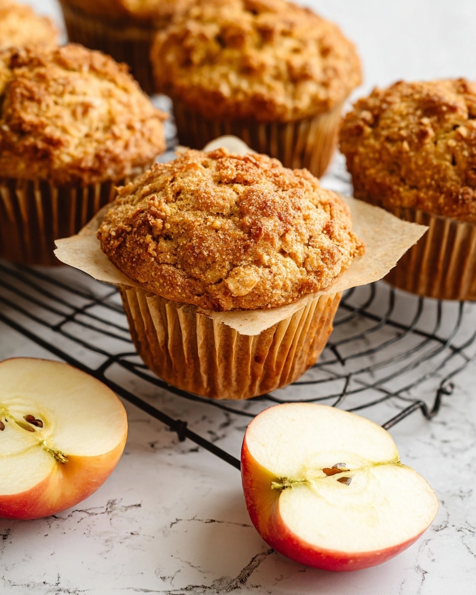 A group of seven golden-brown muffins with a crumbly, sugar-coated top sits on a black cooling rack, one muffin has its crinkled brown paper liner pulled down showing the base. The muffins have a rough texture with visible sugar crystals that give a sparkling effect. Two halves of a red apple with creamy white flesh and a brown stem are placed in front of the rack on a white marbled surface, adding a touch of fresh contrast. photo taken with an iphone --ar 4:5 --v 7