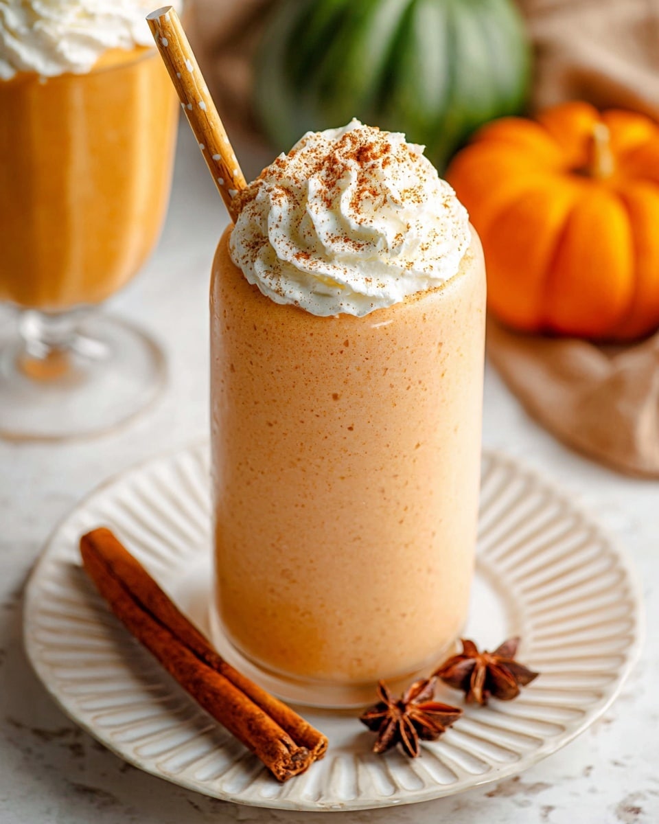 A tall clear glass filled with a thick, creamy, light orange smoothie topped with a swirl of white whipped cream sprinkled with orange-brown spice powder, a light brown bamboo straw inserted on one side. The glass sits on a white plate with ridged edges that has two cinnamon sticks and a star anise placed on it, with some spice powder sprinkled around. In the blurred background, there is another glass with the same smoothie and a green pumpkin with yellow stripes resting on a white marbled surface. photo taken with an iphone --ar 4:5 --v 7