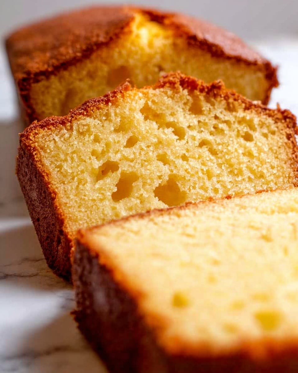 The image shows close-up slices of a yellow pound cake with a golden brown crust. The cake's texture is soft and moist with small holes throughout, while the crust looks slightly crunchy and uneven. Two slices are positioned one behind the other, with the front slice in clear focus and the background slice slightly blurred. The cake is placed on a white marbled surface with warm lighting enhancing the golden tones of the cake. Photo taken with an iphone --ar 4:5 --v 7