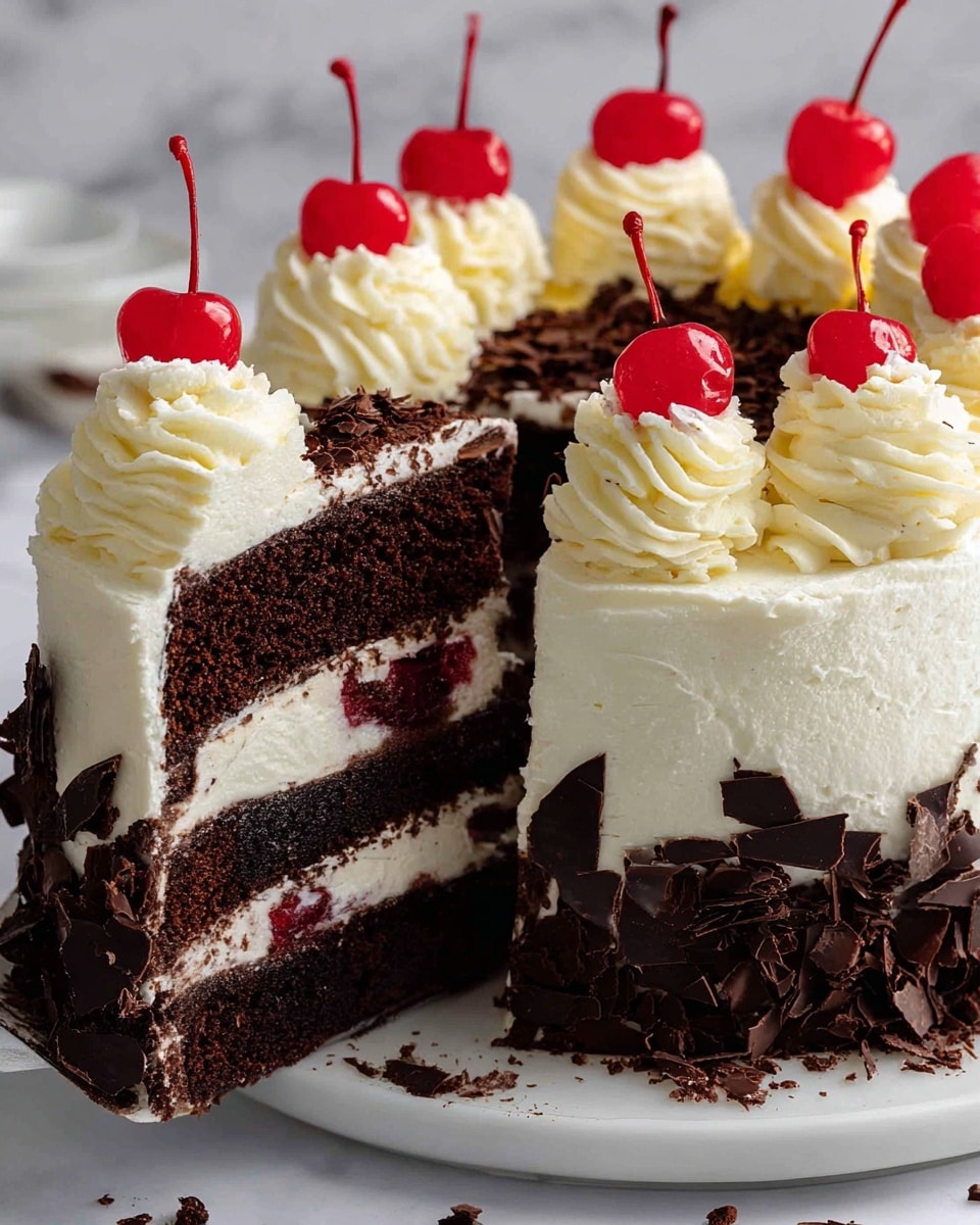 The image shows a close-up of a three-layer cake on a white plate, placed on a white marbled surface. The bottom and middle layers are dark chocolate cake, each separated by a thick layer of white cream with pieces of dark red cherries embedded. The entire cake is covered in smooth white cream frosting. The top of the cake is decorated with several swirls of light cream, each topped with a bright red cherry. Dark chocolate shavings decorate the base of the cake and some are scattered on the white marbled surface nearby. A slice is being lifted, showing the inside layers clearly. Photo taken with an iphone --ar 4:5 --v 7