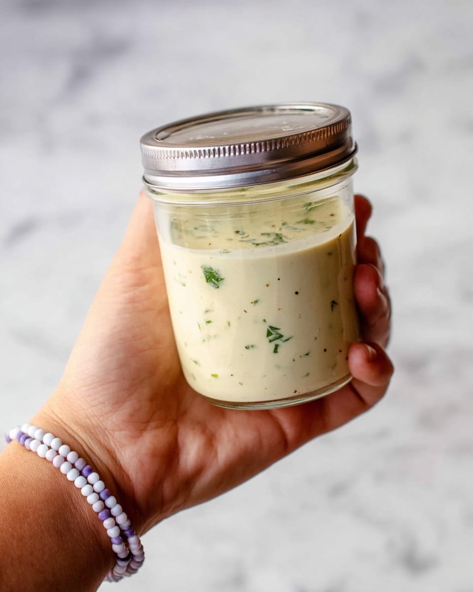 A woman's hand holds a small glass jar filled with a creamy, pale yellow sauce that has visible green herb pieces and black pepper specks scattered throughout. The jar has a shiny silver metal lid, and the background is a smooth white marbled texture. The focus is mainly on the jar with the woman's hand gently gripping it from behind, showing a purple and white beaded bracelet on the wrist. photo taken with an iphone --ar 4:5 --v 7