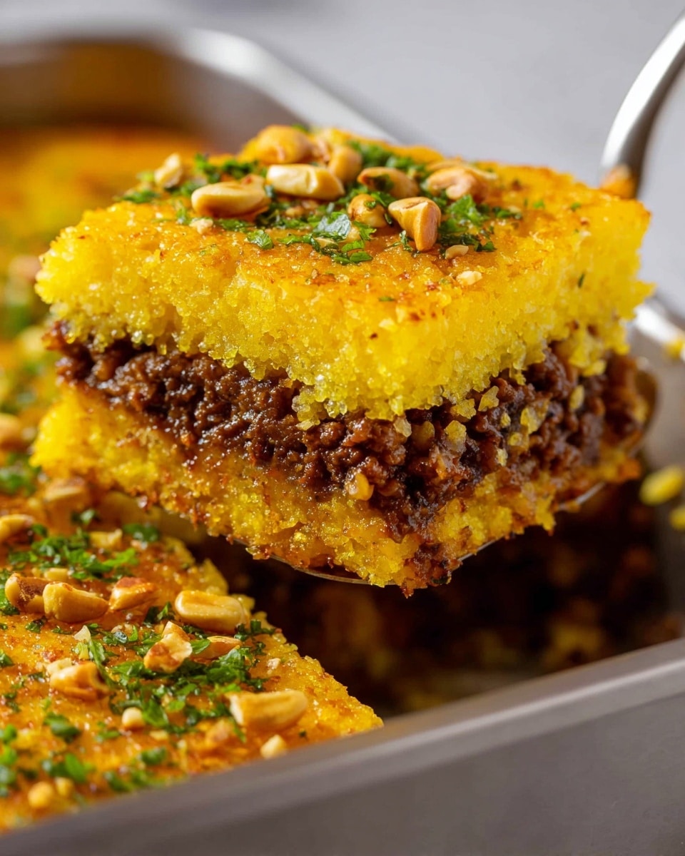 The image shows a close-up of a square serving of a layered dish being lifted from a dark baking pan. The dish has three clear layers: the top and bottom layers are bright yellow with a slightly crispy texture, and the middle layer is dark brown ground meat mixed with small chunks of vegetables. The top layer is garnished with crushed nuts and chopped green herbs, scattered evenly. The background features a white marbled surface, emphasizing the dish’s vibrant colors. Photo taken with an iphone --ar 4:5 --v 7