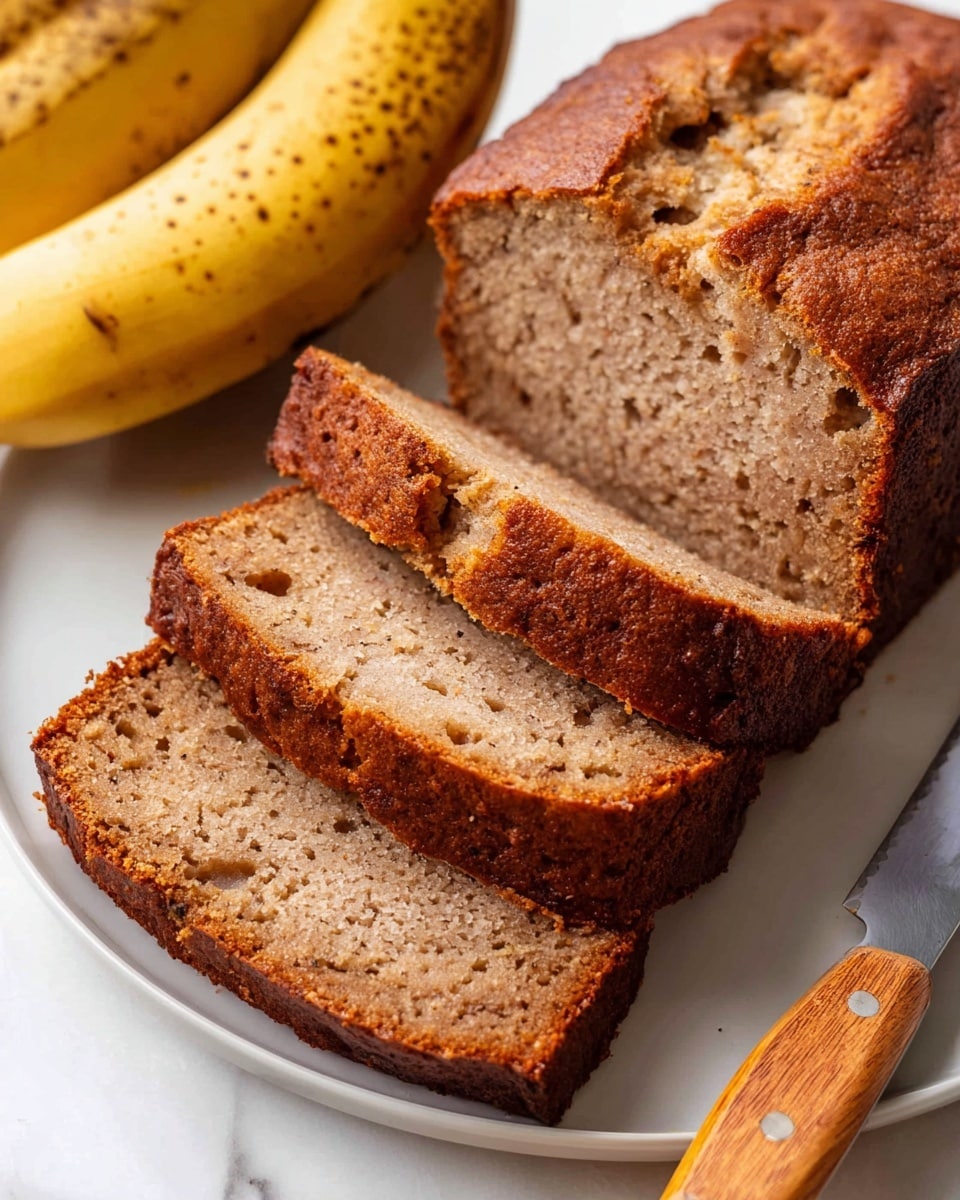 A loaf of banana bread is sliced into four pieces on a white plate, showing a dense, moist texture with light brown and golden-brown colors. The crust is darker brown and slightly cracked, while the inside is lighter brown and soft. Behind the plate, two ripe bananas with yellow skins and brown spots lie on a white marbled surface. A knife with a wooden handle rests near the bottom right corner of the plate, and a few crumbs are scattered around. Photo taken with an iphone --ar 4:5 --v 7