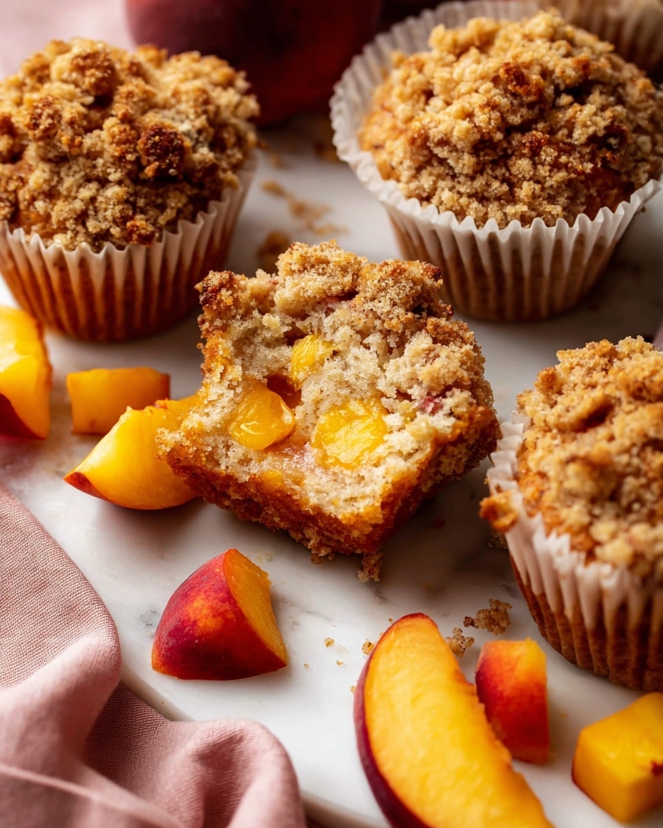 The image shows several peach muffins with a crumbly brown topping on a white marbled surface. Each muffin has a light golden-brown base mixed with small, bright orange peach pieces visible inside the soft cake layer. The crumb topping is rough-textured and uneven, with small peach chunks adding some orange color on top. Around the muffins are fresh peach slices with bright orange skin and a dark red pit area, some whole and some cut into small cubes. The muffins sit in white paper liners that slightly crinkle around the edges. A peach-colored cloth is partly visible under one muffin. photo taken with an iphone --ar 4:5 --v 7