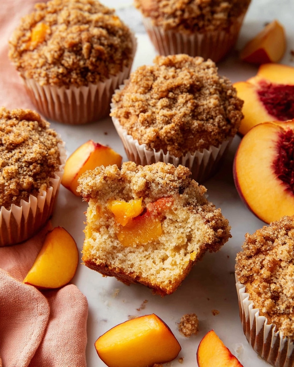 The image shows peach muffins on a white marbled surface, each muffin topped with a crumbly, golden-brown streusel layer mixed with small peach pieces. One muffin is cut in half showing a soft, light beige inside with bright yellow peach chunks embedded in the batter. Around the muffins, there are fresh peach slices and small peach cubes with vibrant orange and deep red colors. The muffins are in white paper liners, which add a delicate contrast to the rustic topping and juicy peach pieces, with a soft pink fabric partially visible in the corner. photo taken with an iphone --ar 4:5 --v 7
