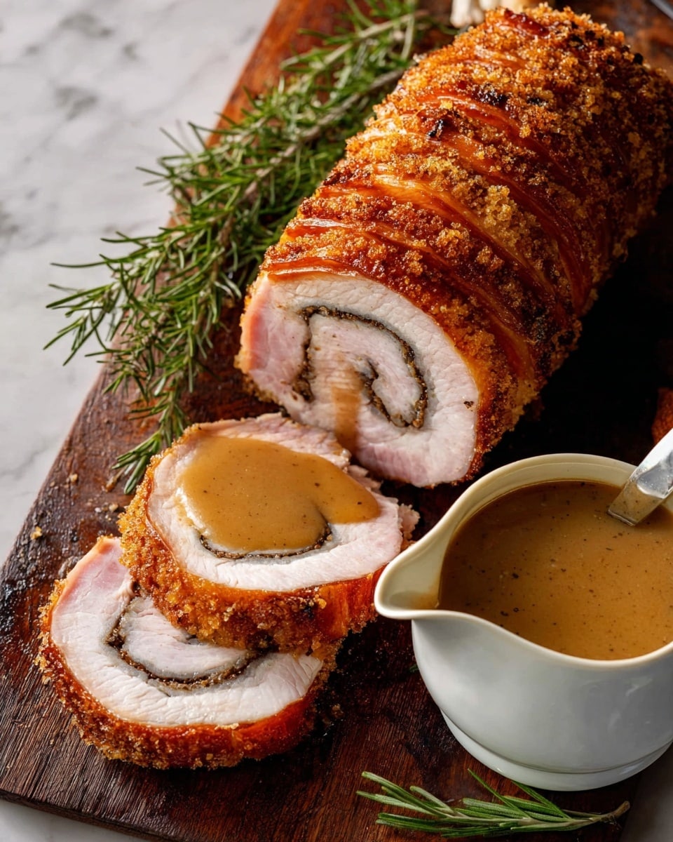 The image shows a golden crispy roasted pork roll with a crunchy, crackling skin that is textured and bubbly, arranged on top of slices of the same pork roll that reveals layers of tender pinkish meat and a darker herb stuffing in the center. The slices are covered with smooth brown gravy, which is also inside a white gravy boat beside the pork. Fresh green sprigs of rosemary lay nearby on a wooden cutting board with crumbs scattered around, all set against a white marbled texture. photo taken with an iphone --ar 4:5 --v 7