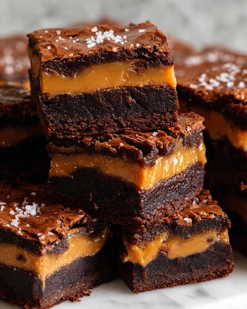 The image shows a stack of square brownies with three visible layers each: a dark brown, moist chocolate brownie layer at the bottom, a thick middle layer of smooth, creamy peanut butter in a light golden color, and another dark chocolate brownie layer on top. The top layer is slightly cracked with swirls of peanut butter blending into the chocolate, sprinkled with coarse salt crystals. The brownies appear dense and rich with a chewy texture, arranged closely together on a white surface with white marbled texture in the background. photo taken with an iphone --ar 4:5 --v 7