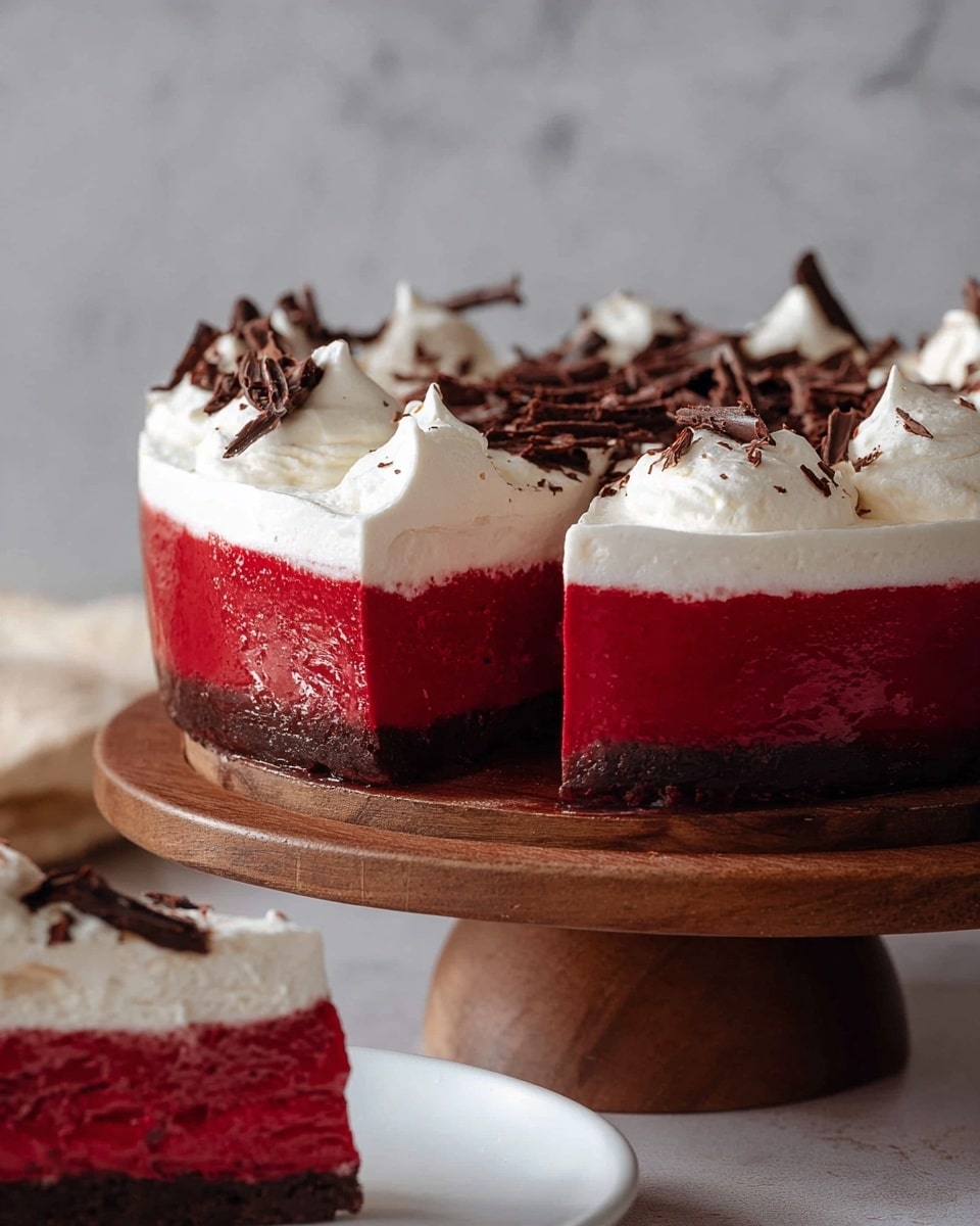 The image shows a three-layered dessert placed on a round wooden stand. The bottom layer is a thick, dark brown crust with a crumbly texture. The middle layer is thick and smooth, with a bright red color filling most of the dessert's height. The top layer consists of a generous, fluffy white cream spread unevenly, topped with small thin dark brown chocolate shavings scattered over it. Near the wooden stand is a white plate holding a cut slice of the dessert, showing the same three layers clearly. The background is a soft, blurred gray with a white marbled surface underneath. photo taken with an iphone --ar 4:5 --v 7