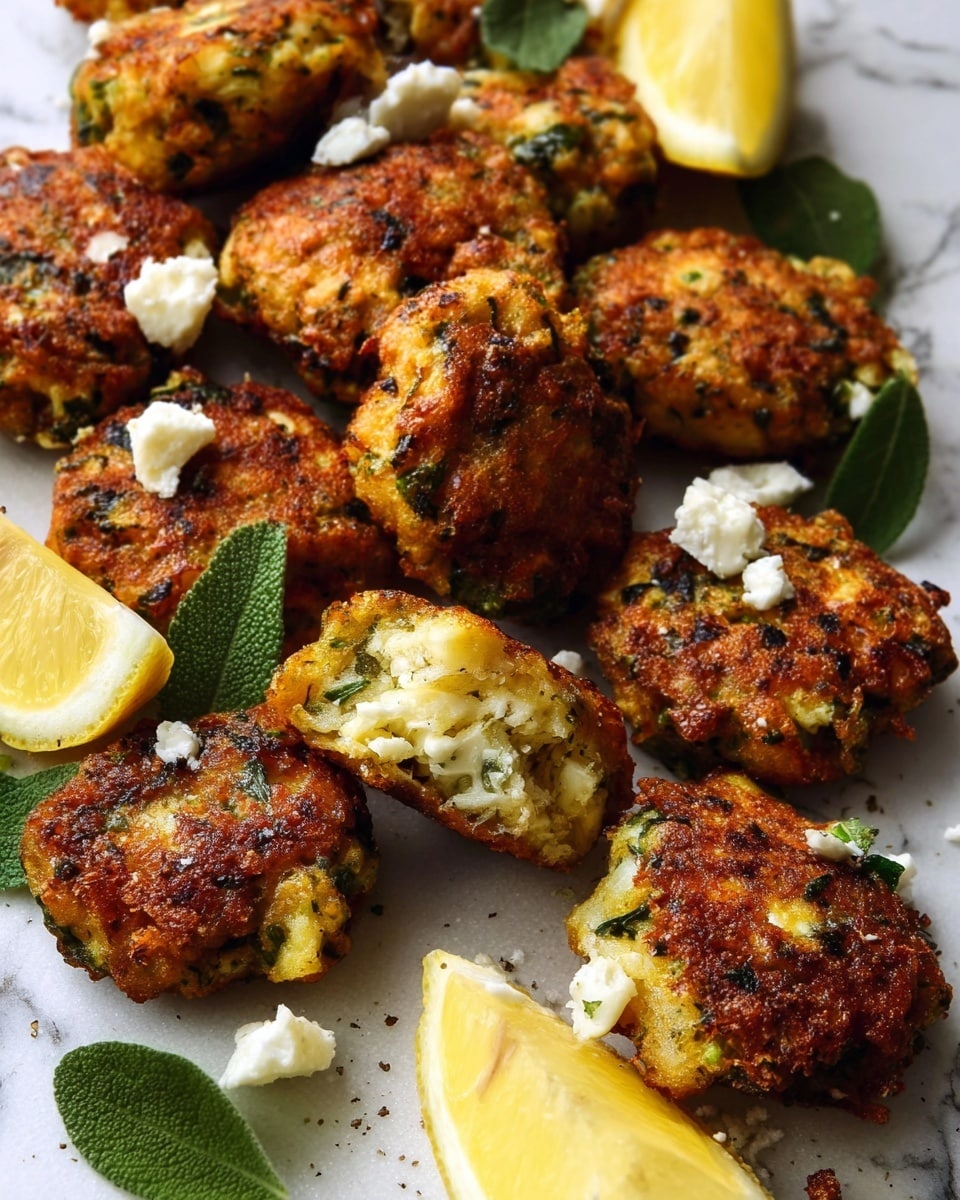 A group of golden-brown fritters with rough, crispy textures sit spread out on a white marbled surface, showing green flecks of herbs and bits of white cheese inside and on top. Some fritters show a soft, fluffy inside with white cheese visible. Fresh green leaves, likely oregano, are scattered among the fritters, adding a herbal touch. Bright yellow lemon wedges are placed in the lower right corner, offering a pop of color. Crumbled white cheese dots the scene, some pieces resting on the fritters and the surface. The photo taken with an iphone --ar 4:5 --v 7