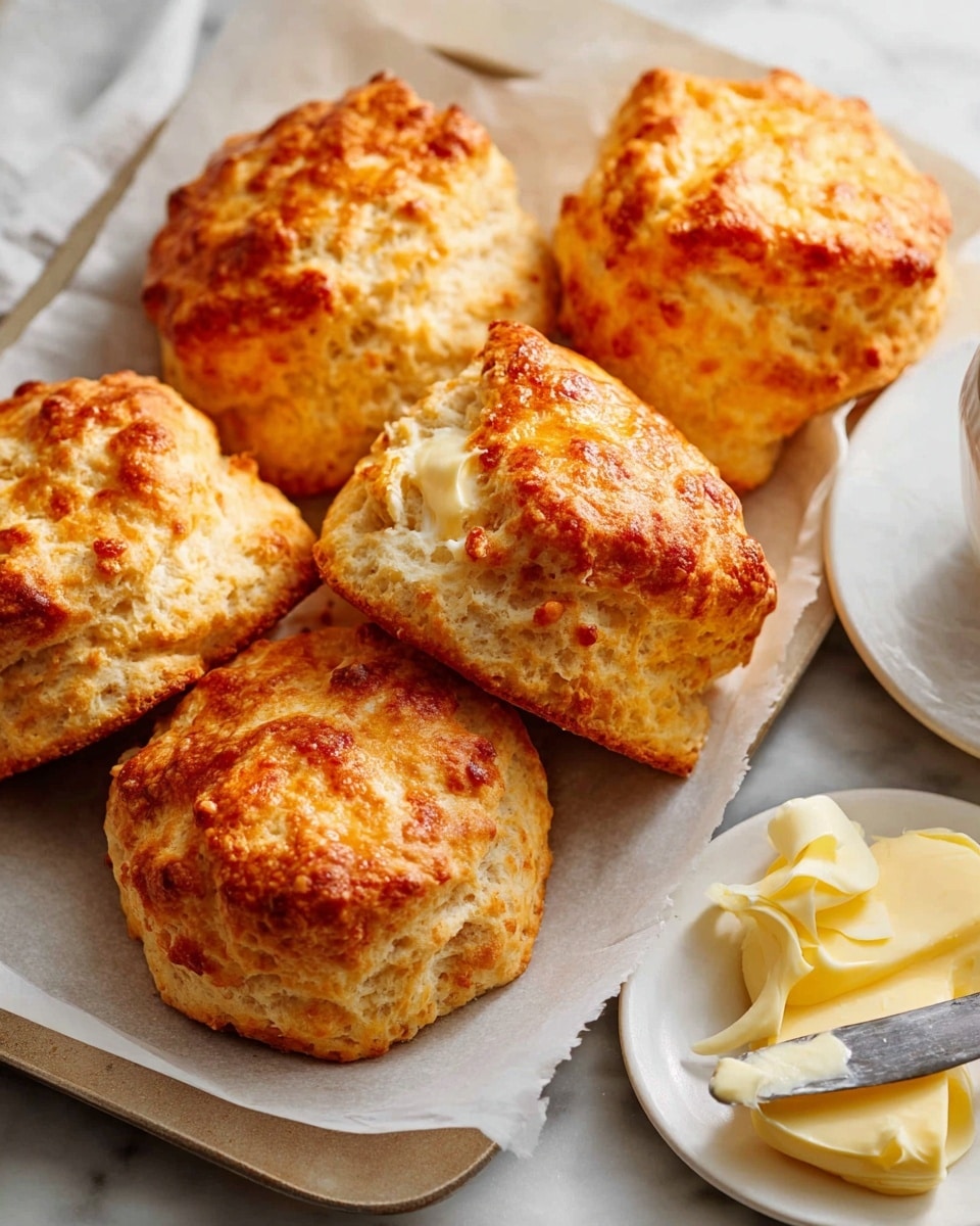 The image shows six golden-brown scones with a slightly crispy, textured top scattered on a white tray lined with parchment paper, placed on a soft white marbled surface. The scones are light and fluffy inside, with one scone cut open showing its airy crumb. To the right side of the tray is a small white plate with curls of pale yellow butter. A silver butter knife with a bit of butter on it lies in front of the plate on the tray. The background is softly blurred, focusing on the warm and inviting baked scones. photo taken with an iphone --ar 4:5 --v 7