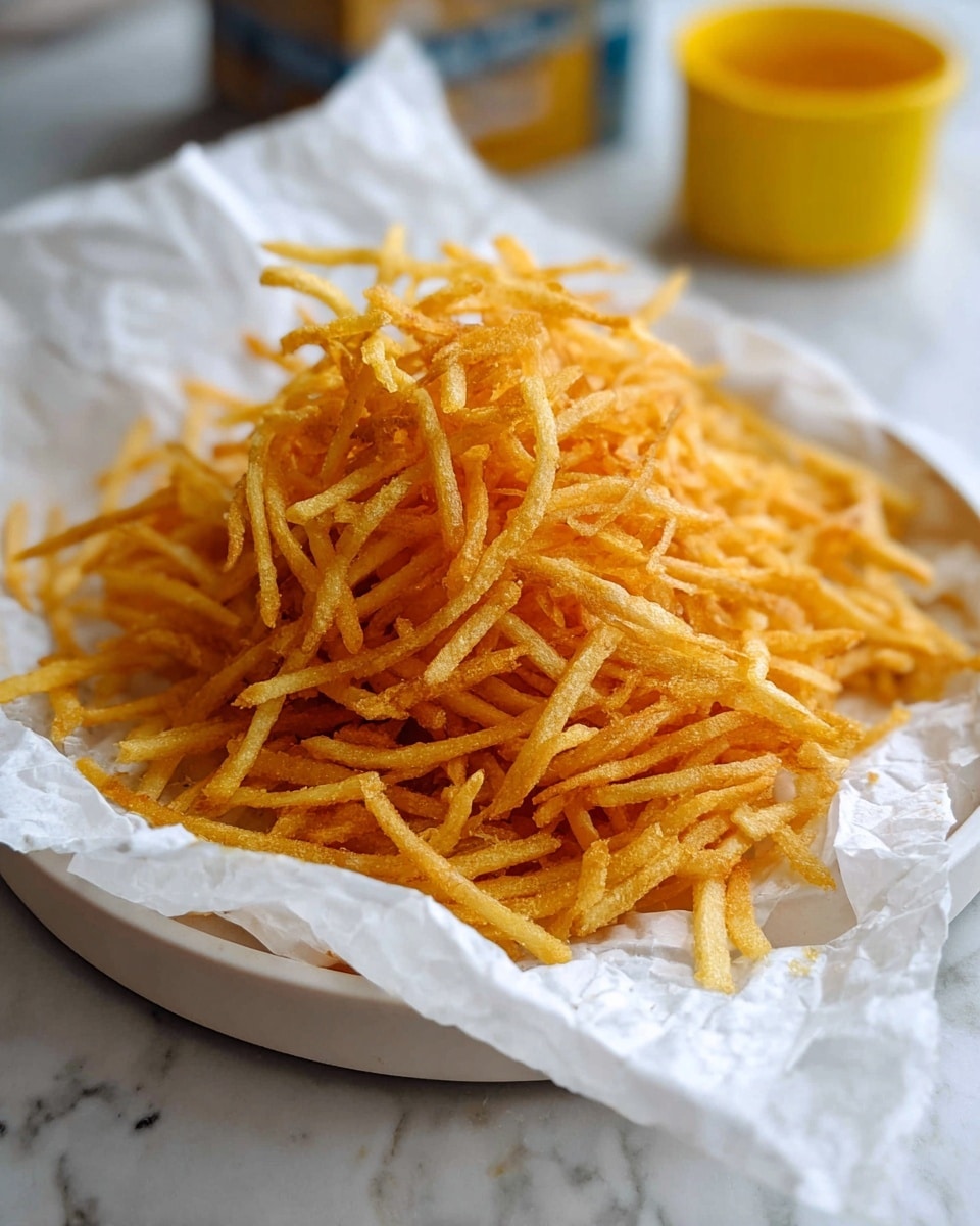 A pile of very thin, crispy golden-brown fried potato sticks sits in the center of a white bowl lined with crumpled white paper. The fried potato sticks are light and delicate, with a mix of pale yellow and darker golden hues, showing slight texture from frying. The white bowl rests on a white marbled surface, and in the background, there is a blurred yellow container. photo taken with an iphone --ar 4:5 --v 7