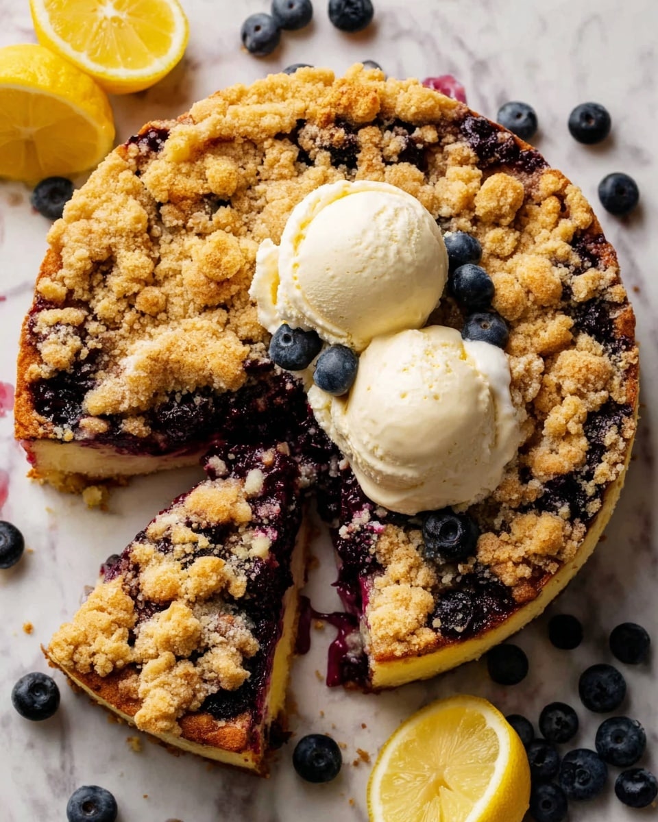 A round blueberry crumb cake with a golden brown crumb topping covers the surface with uneven textured clusters, some darker where the blueberry filling seeps through. The cake itself has two visible layers: a soft, pale yellow bottom layer and a thick, dark purple blueberry filling layer in the middle. Two scoops of melting white vanilla ice cream sit on top of the cake in the center, slightly dripping down the edges. Around the cake, there are scattered fresh blueberries and a half lemon with bright yellow flesh, all placed on a white marbled surface. photo taken with an iphone --ar 4:5 --v 7