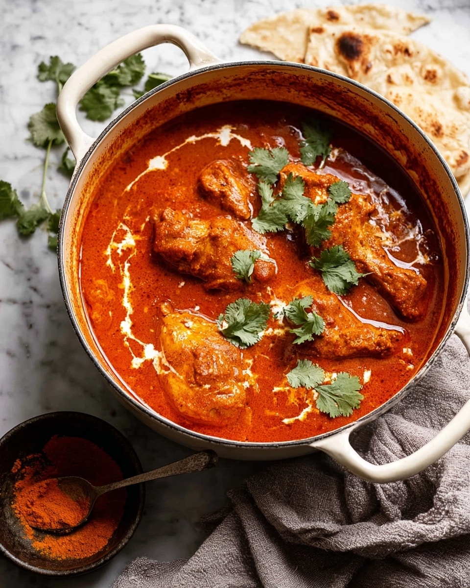 A large white pot filled with a rich orange-red curry, containing four large pieces of chicken partly covered in thick sauce with a slightly oily shine on top. Green cilantro leaves are scattered over the chicken, adding fresh color contrast. The curry clings to the sides of the pot, showing its thick texture. Below the pot, pieces of flatbread lie on a white marbled surface, alongside a small black bowl with bright orange powder and a spoon inside. A soft, neutral cloth is casually positioned in the upper part of the image. photo taken with an iphone --ar 4:5 --v 7