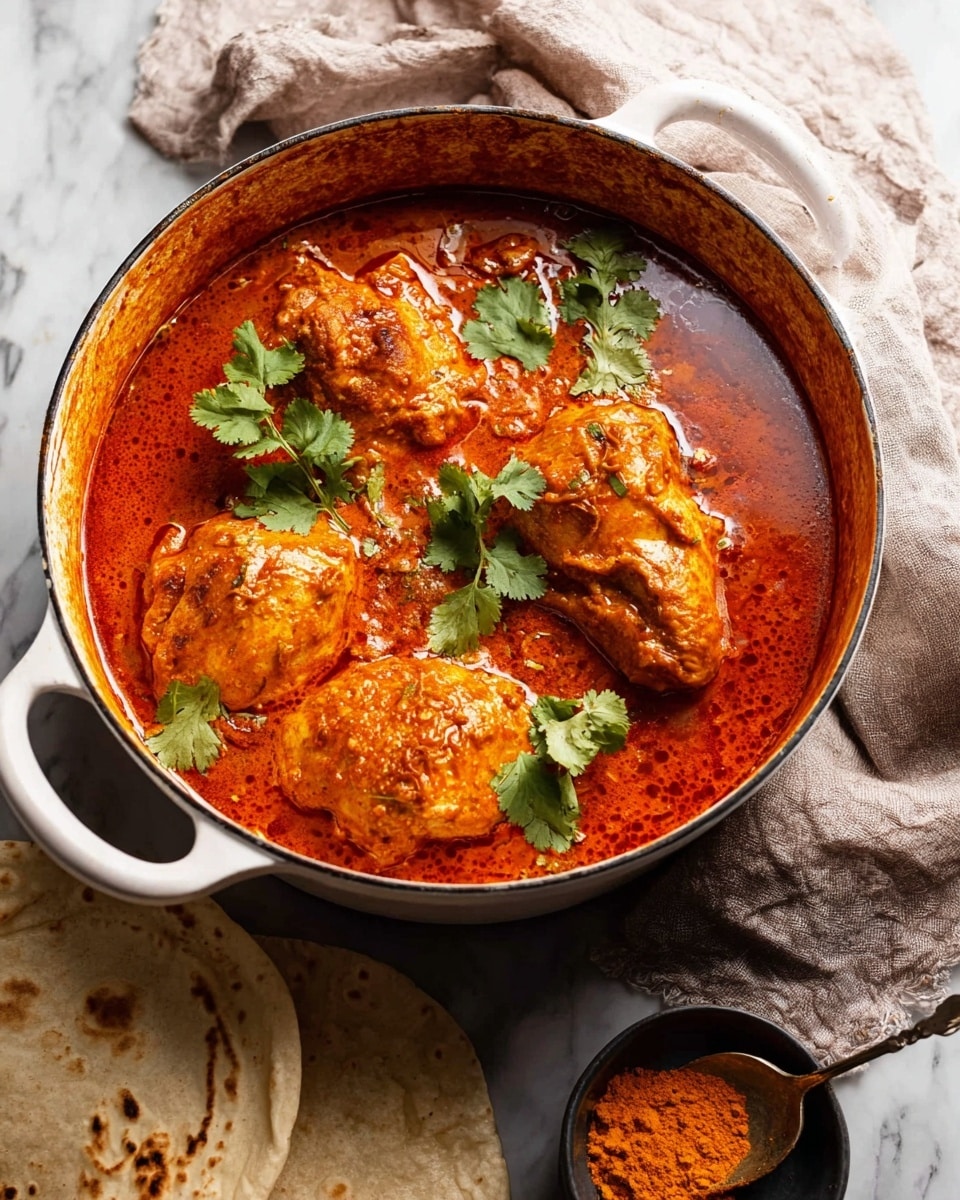 The image shows a large white pot filled with rich orange-red curry, with several large pieces of chicken fully covered in thick, creamy sauce. The surface of the curry has small white cream swirls, and fresh green cilantro leaves are scattered on top, adding a pop of color. The pot has two handles and is placed on a white marbled surface. Next to the pot, there are pieces of torn flatbread and a small dark bowl containing bright orange powder with a spoon. A soft grayish cloth is casually placed near the pot. Photo taken with an iphone --ar 4:5 --v 7