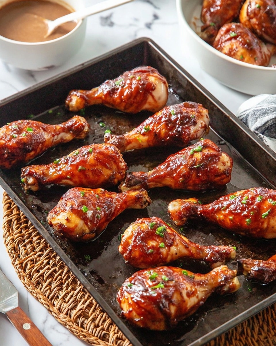 A black baking tray holds nine shiny, reddish-brown glazed chicken drumsticks, each with a slightly crispy texture and small green herb bits sprinkled on top. The tray sits on a woven mat over a white marbled surface. In the background, a white bowl filled with a light brown sauce with a spoon inside and another edge of a white bowl with a drumstick are partially visible. photo taken with an iphone --ar 4:5 --v 7