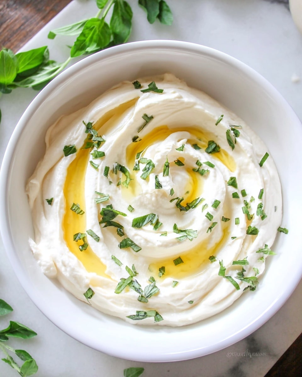 A white ceramic bowl holds a thick, creamy layer of smooth white hummus swirled in a circular pattern with gentle peaks. On top, a thin layer of golden olive oil pools in the center and smaller droplets spread outward along the swirls. Scattered fresh green herb leaves add a pop of color, offering a bright contrast to the creamy base. The bowl sits on a white marbled surface with a wooden spoon and basil leaves nearby. photo taken with an iphone --ar 4:5 --v 7