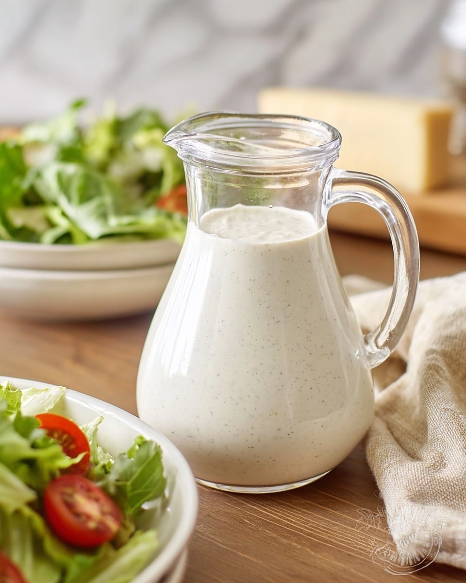 A clear glass jar filled almost to the top with a thick, creamy white dressing that has tiny flecks of darker seasoning throughout. The jar has a rounded body with a narrow neck and a small spout, and a clear handle is visible on the right side. To the left, a white plate holds fresh green lettuce leaves and a few red cherry tomatoes. The scene sits on a light wooden surface with a soft focus background that includes a blurred piece of cheese and a white and black striped cloth. photo taken with an iphone --ar 4:5 --v 7