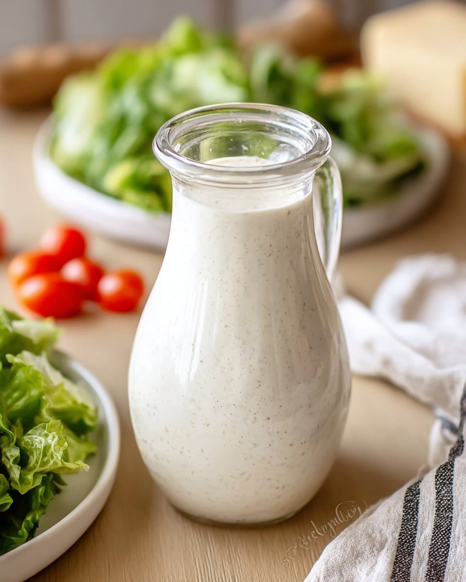 A clear glass pitcher filled with creamy white ranch dressing, with small specks of herbs visible throughout the smooth texture, sits on a wooden table. To the left, part of a white plate holding a fresh green salad with leafy lettuce and red cherry tomatoes is visible. The background features a white marbled texture with soft-focus objects, including a beige cloth and a block of cheese. Photo taken with an iphone --ar 4:5 --v 7
