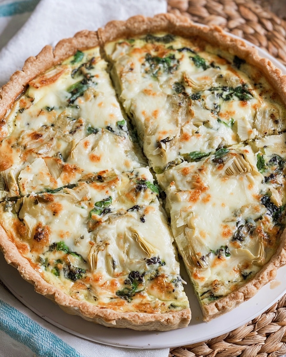 A round savory pie is shown sliced into eight pieces, with a light brown, flaky crust forming the base and edges. Inside, the filling consists of a creamy white layer mixed with melted cheese that has golden brown spots, along with pieces of green spinach and tender pale green artichoke hearts spread evenly throughout. The texture looks soft and slightly bubbly on top, with the green vegetables adding irregular color contrasts. The pie rests on a woven mat, but the surface beneath is changed to a white marbled texture. photo taken with an iphone --ar 4:5 --v 7