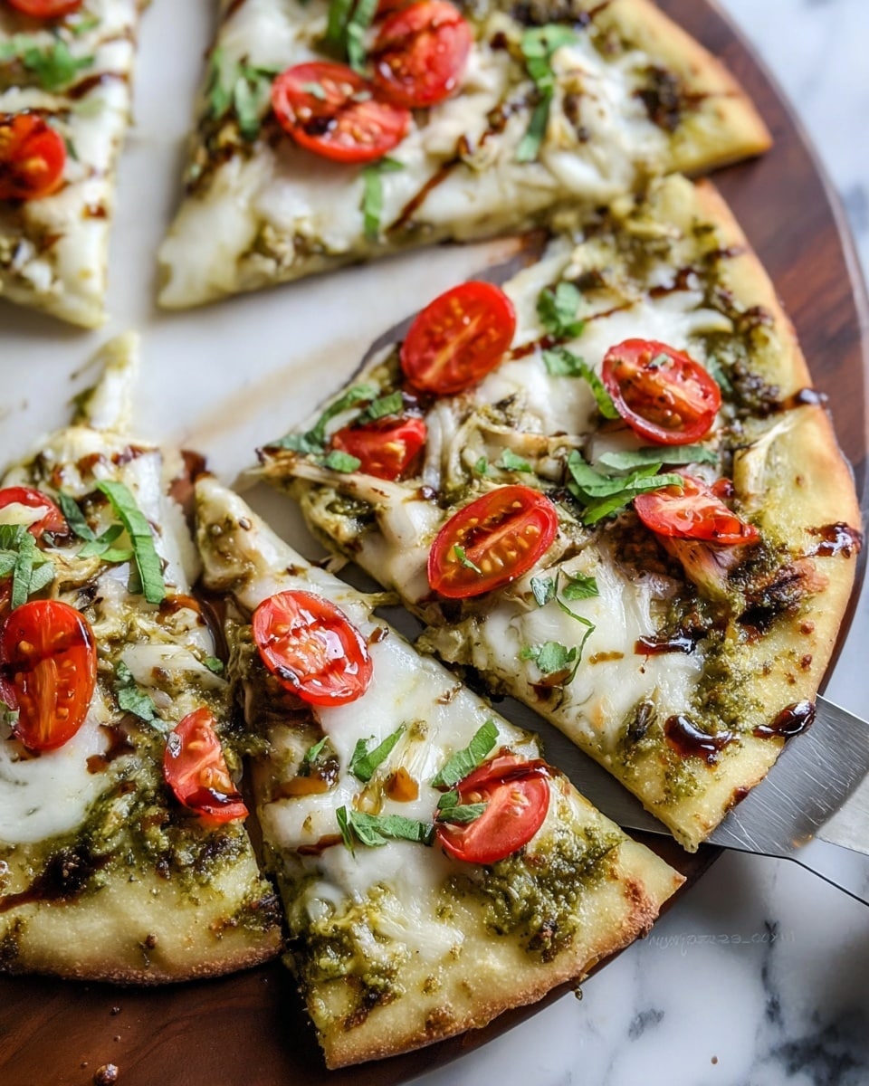 The image shows three slices of a thin pizza on a wooden surface with a white marbled texture background. The pizza has a light golden crust as the first layer, topped with a spread of green pesto sauce as the second layer. The third layer is melted white cheese covering most of the pizza, with small clusters of fresh, bright red halved cherry tomatoes scattered evenly across. Thin strips of fresh green basil are sprinkled on top, along with light orangish-brown drizzles of balsamic glaze adding contrast. The pizza slices have a slightly crispy texture, and part of a metal spatula is visible under one slice. Photo taken with an iphone --ar 4:5 --v 7