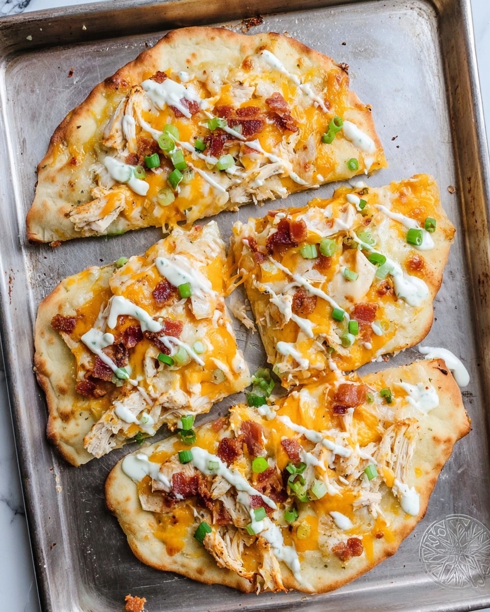The image shows a flat, round pizza cut into four slices placed directly on a dark baking tray. The pizza crust is thin and golden brown with a slightly crispy texture. The first layer is melted cheddar and mozzarella cheese covering the entire surface, glowing orange and white. On top, there are pieces of shredded white chicken scattered evenly, along with small bits of crispy bacon adding reddish-brown crunch. The pizza is topped with slices of fresh green onion scattered across and drizzled with white creamy sauce, giving a rich, smooth look. The background has a white marbled texture. photo taken with an iphone --ar 4:5 --v 7