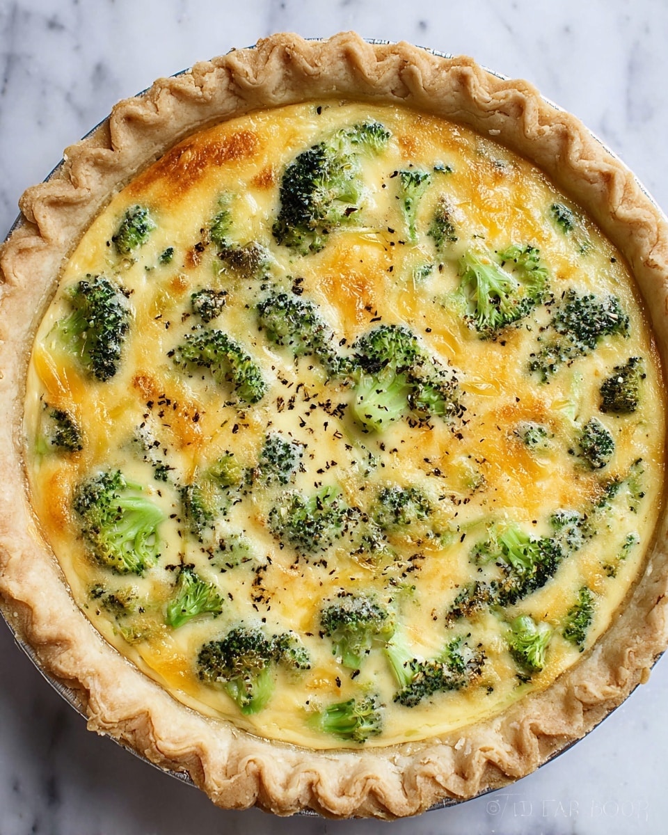 A round quiche with a golden-brown crust that has a slightly crimped edge, filled with a creamy mixture visible beneath a scattered layer of bright green broccoli pieces and melted yellow cheddar cheese. The filling shows a smooth, light yellow texture with small bubbles and specks of black pepper spread evenly across the top. The quiche sits on a white marbled surface, highlighting the contrast between the warm colors of the crust and filling. Photo taken with an iphone --ar 4:5 --v 7
