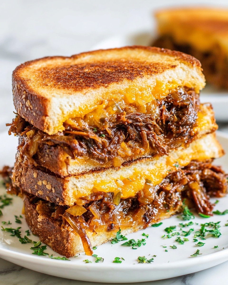 A grilled sandwich stacked in two halves, showing three main layers. The top and bottom layers are golden brown toasted bread with a crispy texture. Inside, the middle layer is filled with a rich mix of pulled, juicy meat with a dark brown color, combined with melted, bright orange cheese. Small pieces of cooked onions are visible within the meat layer, creating a gooey, textured filling. The sandwich sits on a white plate with green herb sprinkles, all set against a white marbled texture. photo taken with an iphone --ar 4:5 --v 7