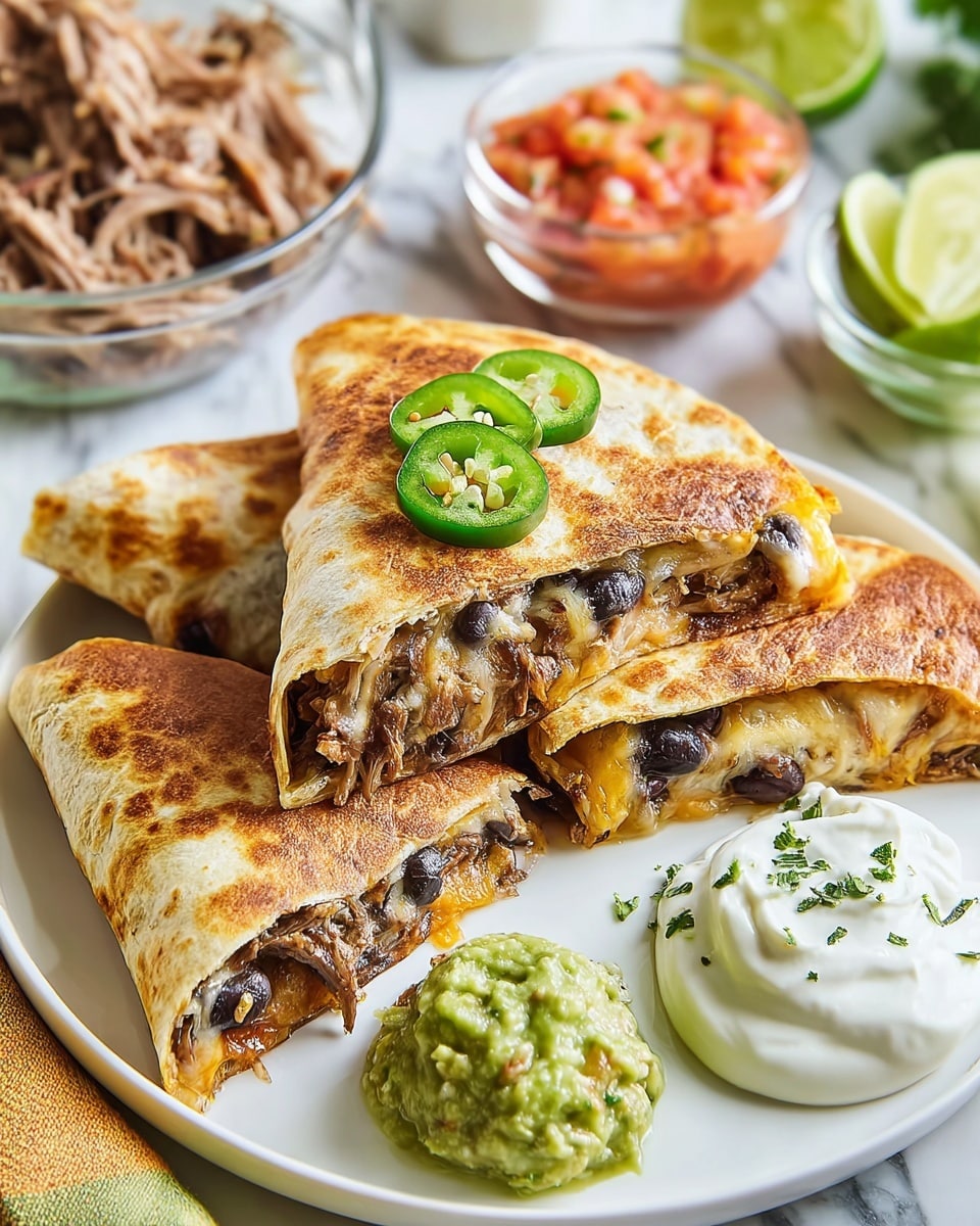 Three folded quesadilla wedges with a golden brown crispy outer layer are stacked slightly overlapping on a white plate. The quesadilla fillings visible at the cut edges show shredded meat in light brown, black beans, and melted yellow and white cheese. Two slices of green jalapeño rest on the top wedge. On the plate next to the quesadillas, there are two dollops: one of chunky green guacamole and another of smooth white sour cream, each garnished with small bits of green herbs. In the background, a clear glass bowl holds shredded meat, and another clear bowl contains chopped red and green salsa. A lime wedge and green leaves are visible beside the bowls, all set against a white marbled surface. photo taken with an iphone --ar 4:5 --v 7