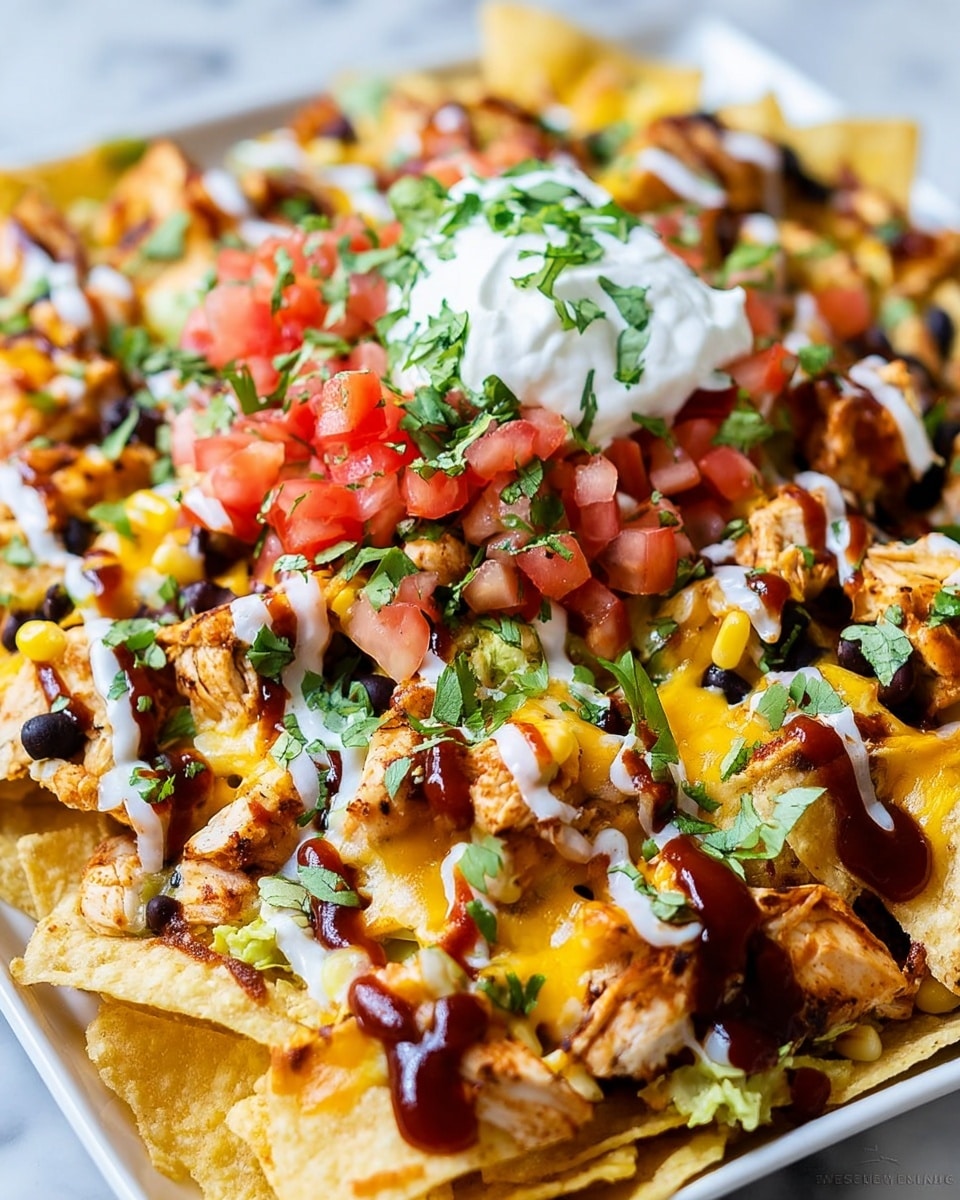 A close-up view of loaded nachos arranged on a white plate, showing a base layer of crunchy yellow tortilla chips topped with melted golden cheese and scattered black beans. On top of this layer, pieces of grilled chicken with a light brown char are spread evenly. A drizzle of dark reddish-brown barbecue sauce creates contrast over the top ingredients. In the center, there is a small mound of white sour cream with a dollop of bright red and green diced tomato salsa, garnished with fresh, chopped green cilantro leaves sprinkled across the dish. The white marbled surface behind the plate adds brightness to the image. photo taken with an iphone --ar 4:5 --v 7