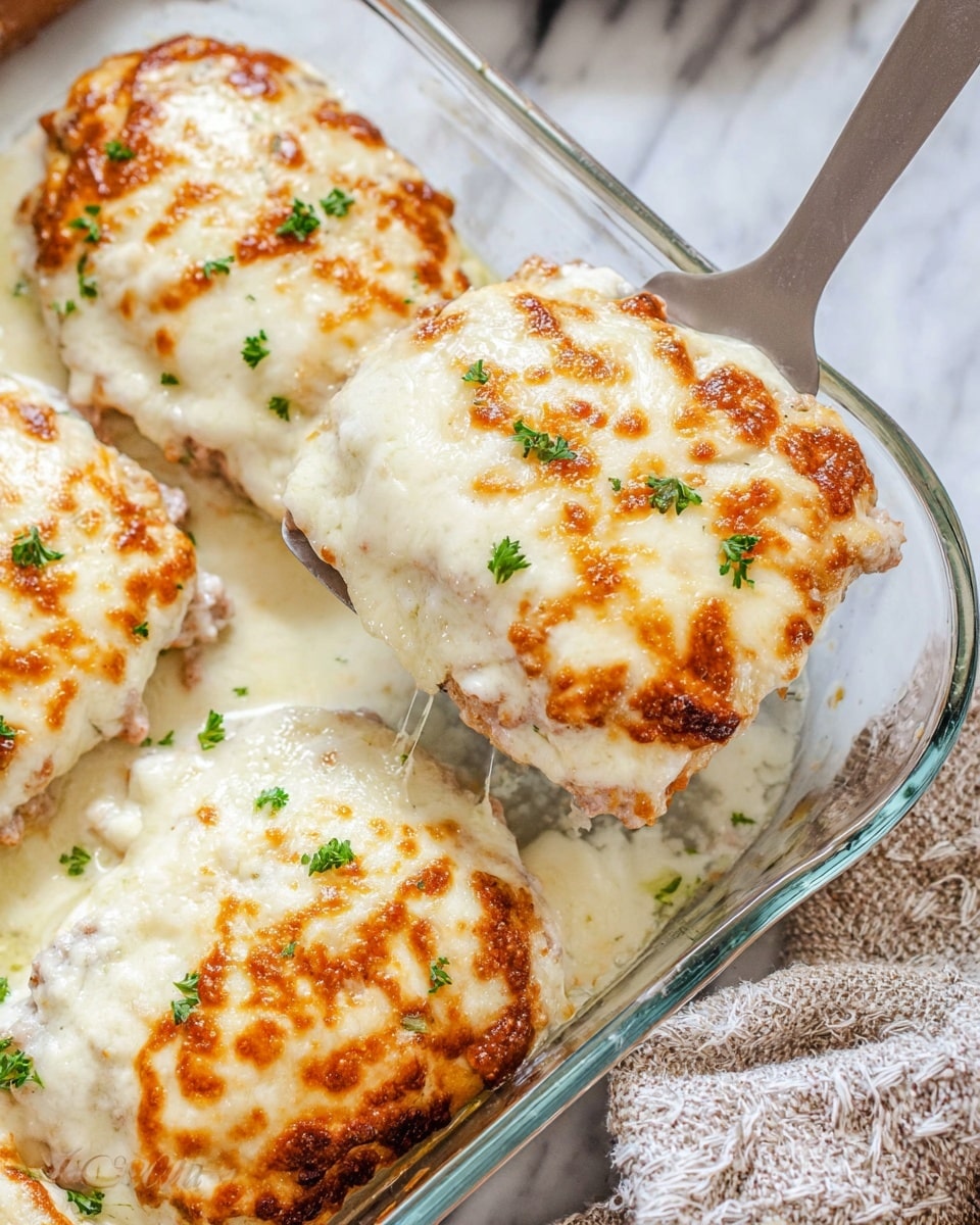 A clear glass baking dish holds four cooked chicken breasts, each covered with a thick layer of creamy white melted cheese topping that is slightly browned and bubbly in spots. The top layer of cheese is dotted with small green parsley leaves for garnish. A metal spatula is lifting one chicken breast, showing the slightly browned underside of the cheese and a glimpse of the light pink chicken below. The dish sits on a white marbled surface with a textured blue cloth nearby. Photo taken with an iphone --ar 4:5 --v 7