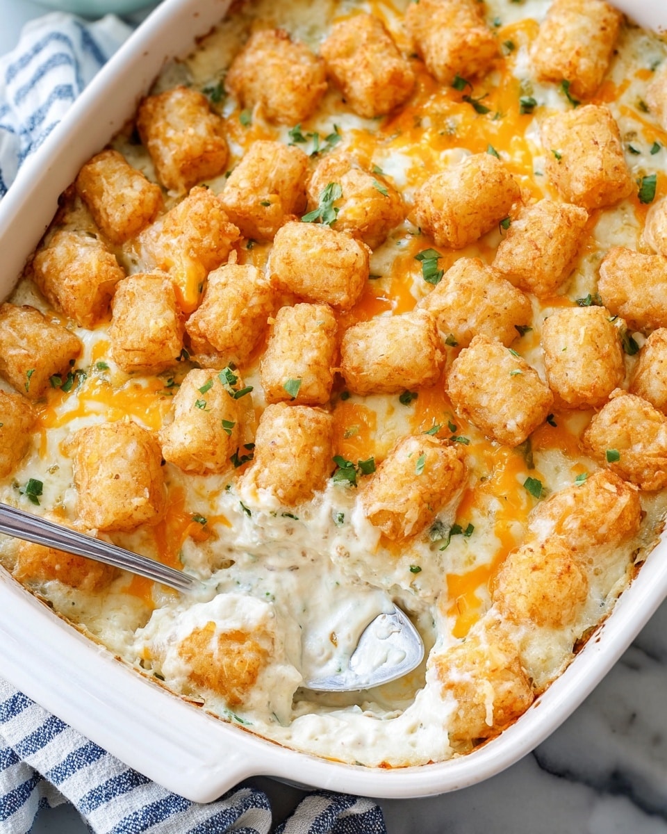 This dish is shown in a white casserole dish filled with several layers. The bottom layer is creamy white and thick, likely a sauce or base. On top of this, there is a layer of melted orange and white cheese, blending into the creamy layer below and adding a smooth texture. Scattered across the surface are golden brown, crispy tater tots that have a slightly rough and crunchy appearance. Small green herb pieces are sprinkled lightly over the tater tots and cheese, adding color contrast. A metal spoon rests inside the dish, partially submerged in the layers. The dish sits on a white marbled surface with a striped cloth nearby. photo taken with an iphone --ar 4:5 --v 7
