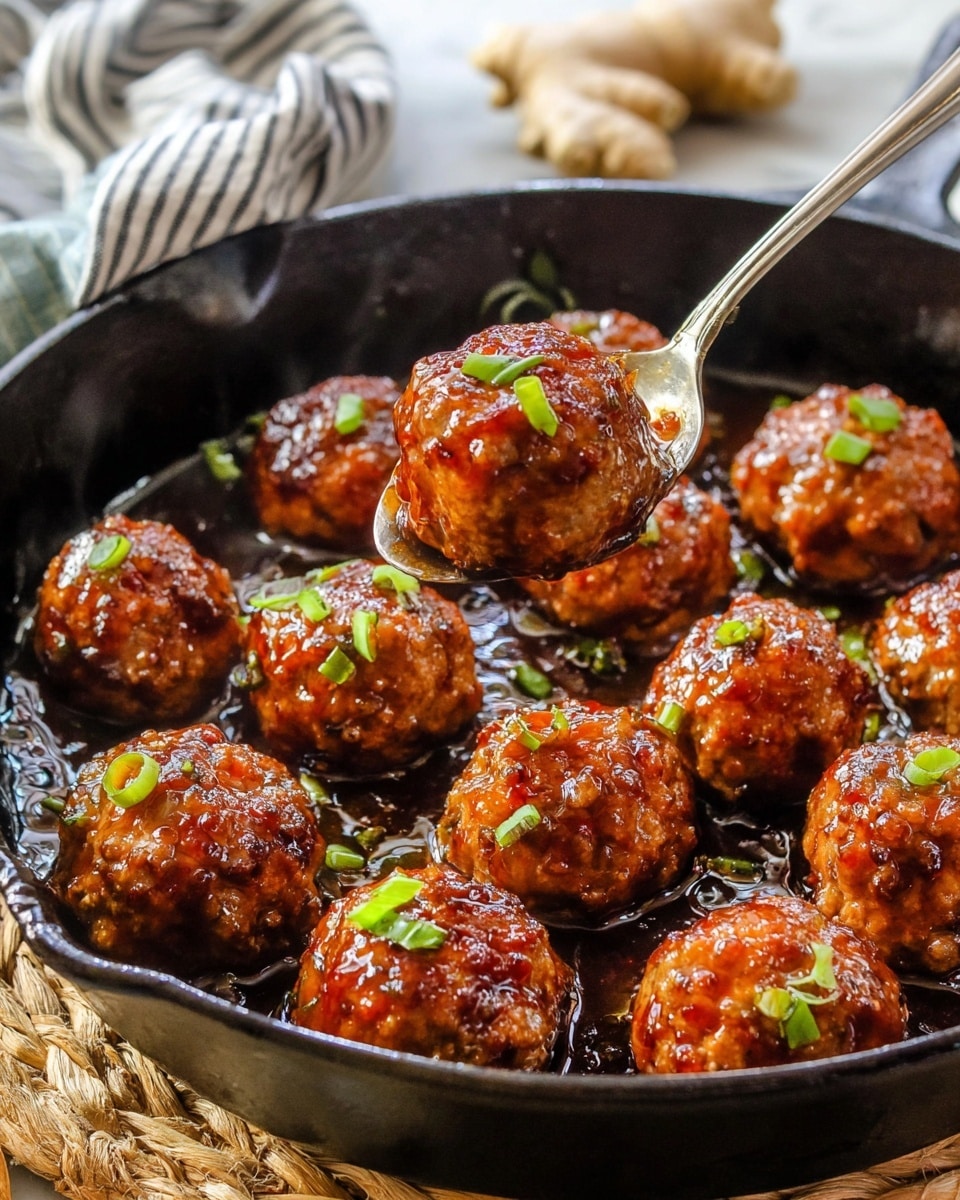 A black cast iron pan holds about fourteen small, round meatballs covered with a shiny, reddish-brown glaze, each sprinkled lightly with small, bright green onion slices. The meatballs are cooked to a golden brown with slightly crispy edges. A metal spoon scoops up three meatballs from the pan’s right side. The pan rests on a white marbled surface with a beige and white striped cloth and pieces of ginger root in the background. photo taken with an iphone --ar 4:5 --v 7