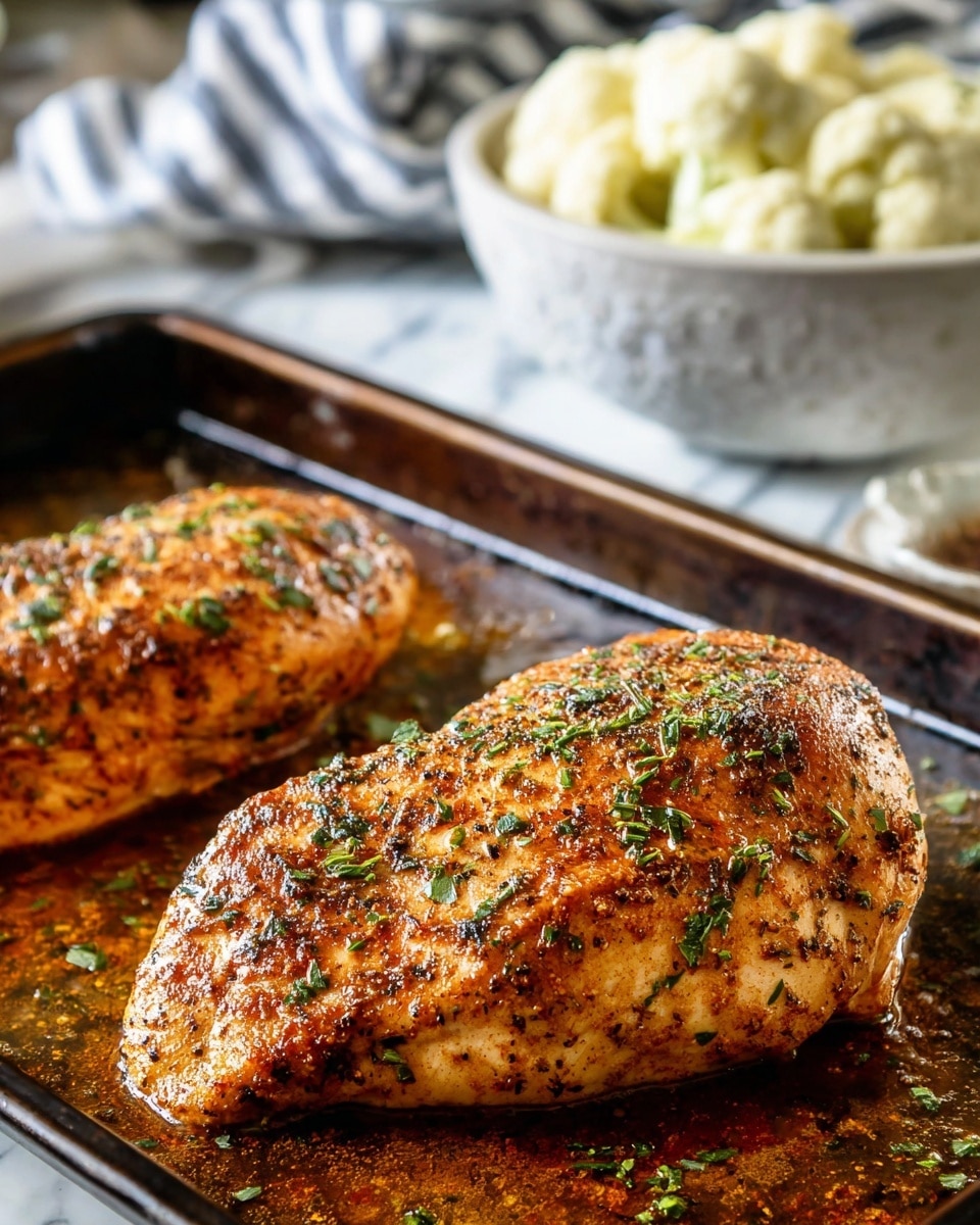 Two pieces of cooked chicken breasts sit side by side on a dark, well-used baking tray with shiny oil around them. Each chicken breast is golden brown with a slightly crispy texture, seasoned with herbs and spices visible on the surface, with small green herb bits sprinkled on top. In the background, there is a white textured bowl filled with a creamy, light-colored side dish, all placed on a white marbled surface partially covered by a white and black striped cloth. The image shows warm and natural lighting, making the food look fresh and appetizing photo taken with an iphone --ar 4:5 --v 7