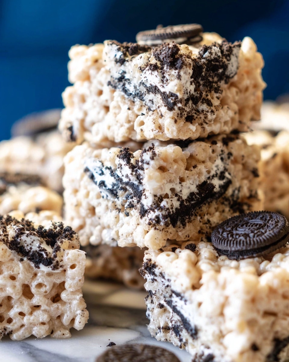 The image shows a close-up of a dessert bar made of three main layers: the base layer is light tan with a sticky and bumpy texture of puffed rice cereal; mixed within this is a second layer of white creamy melted marshmallows that bind the cereal together and have a stretchy look; scattered on the top and throughout the bar are broken dark brown cookie pieces with a crumbly texture, adding contrast to the light colors. The bars are stacked closely, all resting on a white marbled surface, with a blurred blue background. photo taken with an iphone --ar 4:5 --v 7