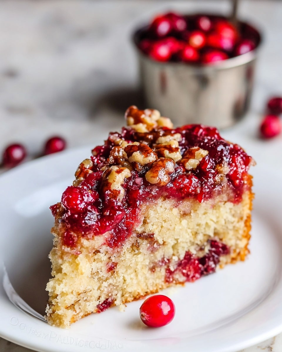 A slice of cake with two main layers sits on a white plate with a white marbled texture background. The bottom layer is thick and light golden brown with a soft and crumbly texture that looks moist inside. The top layer is a mix of shiny, deep red cranberries and pecans covered in a sticky glaze, creating a rich and glossy surface. The cranberries are plump and bright, contrasting with the nuts' rough and uneven texture. photo taken with an iphone --ar 4:5 --v 7