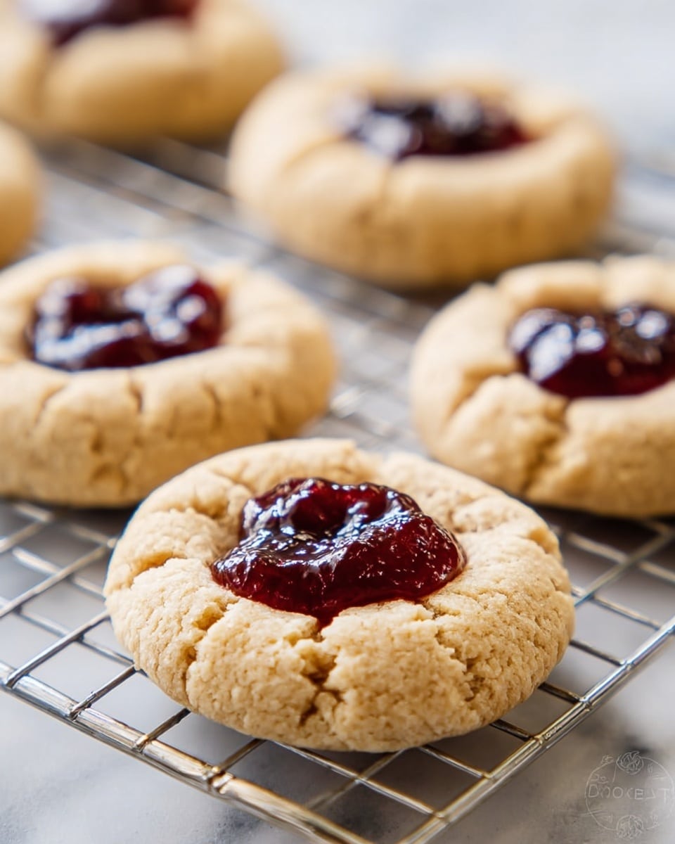 The image shows five round cookies with a light golden brown color and a cracked texture on top, arranged on a silver metal cooling rack. Each cookie has a shiny, dark red jam dollop placed in the center, creating a small well-like indentation. The cookies are spread out with some in focus and others blurred in the background. The surface below the rack has a white marbled texture, adding a clean and bright look to the scene. photo taken with an iphone --ar 4:5 --v 7