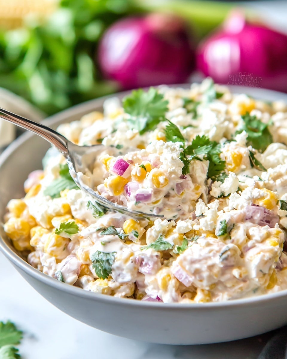 A close-up view of a creamy corn salad in a white bowl, filled with three main layers: the base layer of soft corn kernels, mixed with finely chopped red onions scattered throughout, a thick, creamy white dressing that lightly coats the corn and onions adding a smooth texture, and green fresh cilantro leaves sprinkled on top for color and freshness. The salad is textured with small bits of crumbled white cheese on the surface, and a silver spoon is digging into the salad from the right side. The background shows a soft-focus red onion and green vegetables on a white marbled surface. Photo taken with an iphone --ar 4:5 --v 7