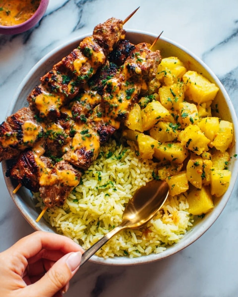 In a white bowl on a white marbled surface, there are three grilled meat skewers with a slightly charred and crispy texture placed on the left side. Next to the skewers, on the upper side of the bowl, there is a yellow potato salad with herbs giving it a fresh green touch. On the right side, there is a serving of fluffy yellow rice with visible grains. A woman's hand is holding a gold spoon above the rice, ready to scoop some. The colors are warm and inviting with browns, yellows, and greens. Photo taken with an iphone --ar 4:5 --v 7