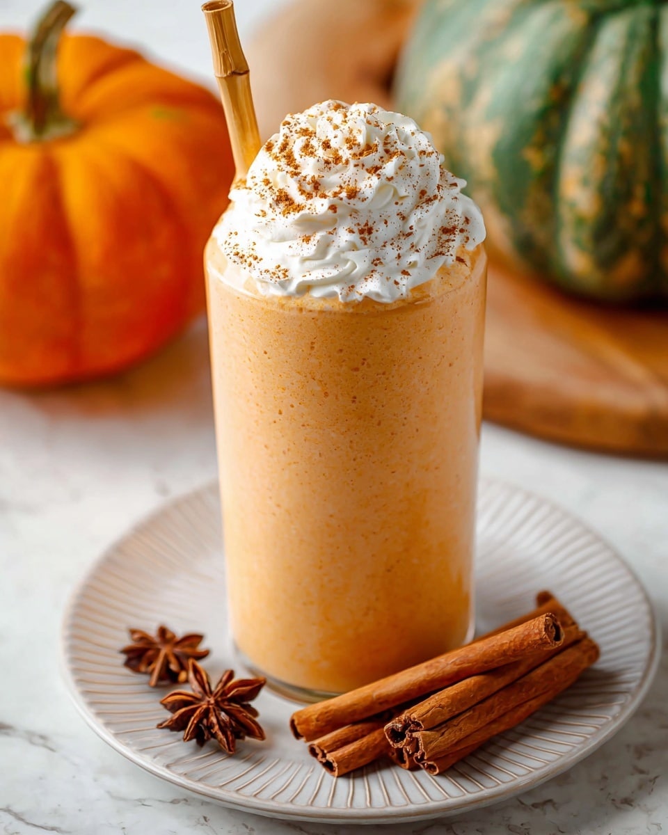 A tall clear glass filled with a smooth, light orange pumpkin smoothie, topped with a swirl of white whipped cream sprinkled with orange cinnamon powder, with a bamboo straw inserted on one side; the glass sits on a round white plate with ridged edges, which has two cinnamon sticks and a brown star anise placed on it along with some scattered cinnamon powder. In the background, there is another similar glass and a small green pumpkin with yellow stripes, all set on a white marbled surface. Photo taken with an iphone --ar 4:5 --v 7
