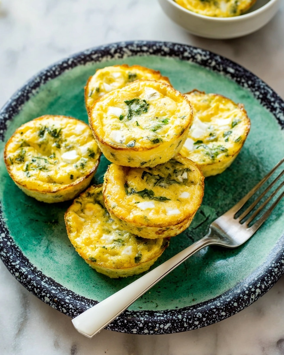 Five small round egg muffins with a golden-yellow top layer speckled with green herbs and spinach pieces are stacked slightly overlapping in the center of a white plate with a teal-green center and a speckled black and white rim. The egg muffins show a light fluffy texture with some white cheese melted inside. A silver fork with a white handle rests on the plate, tucked under the eggs on the left side. The scene is set on a white marbled textured surface. Photo taken with an iphone --ar 4:5 --v 7