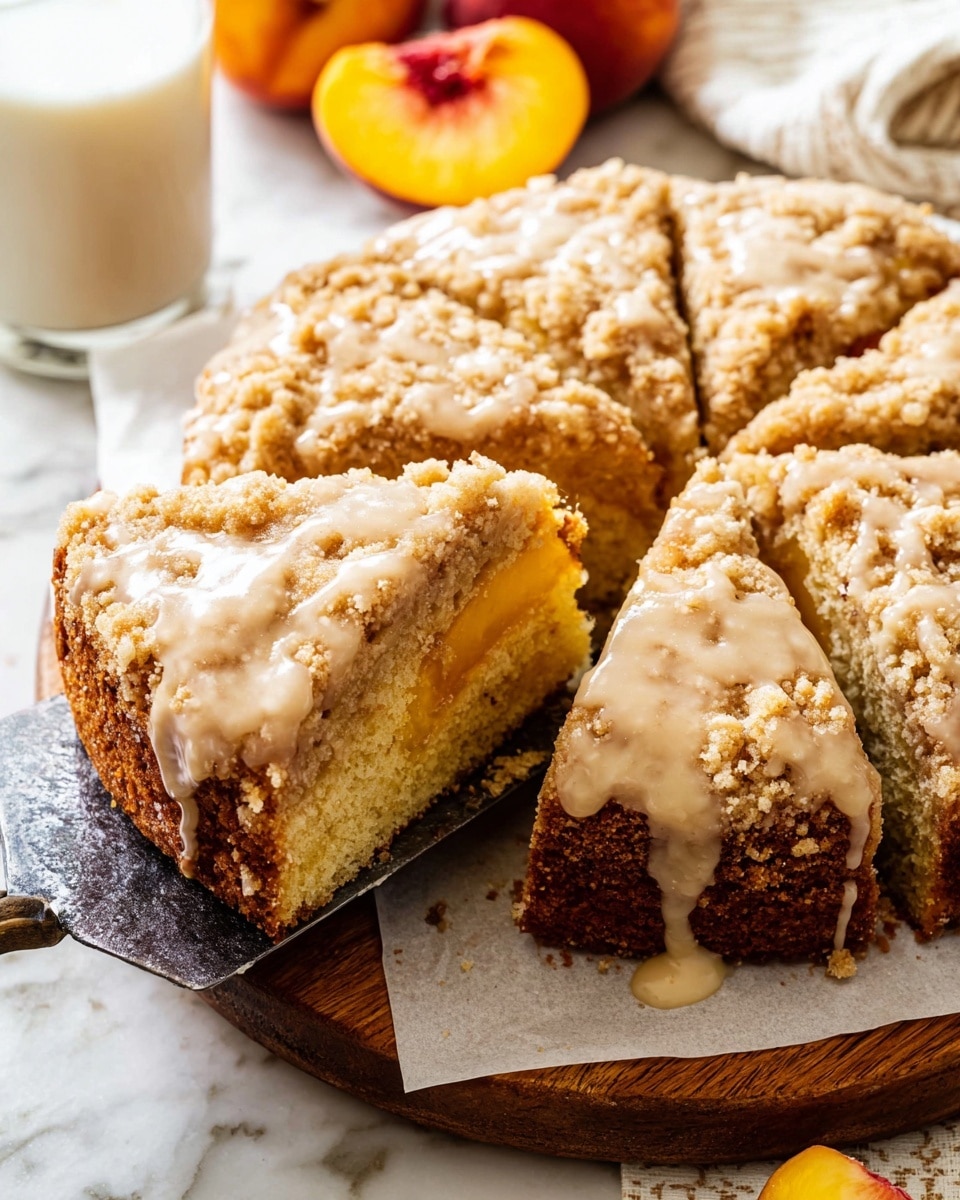 A round cake cut into equal slices sits on a wooden board covered with white parchment paper, placed on a white marbled surface. The cake has two main layers: a dense, light brown bottom layer with a slightly crumbly texture, and a top layer of crumbly streusel that is golden and rough-textured, with creamy glaze drizzled unevenly over it. One slice is lifted by a silver spatula, showing the cake's thick and moist inside. In the background, there are halved and whole peaches and a small glass pitcher of white cream, adding colorful, fresh contrast. Photo taken with an iphone --ar 4:5 --v 7