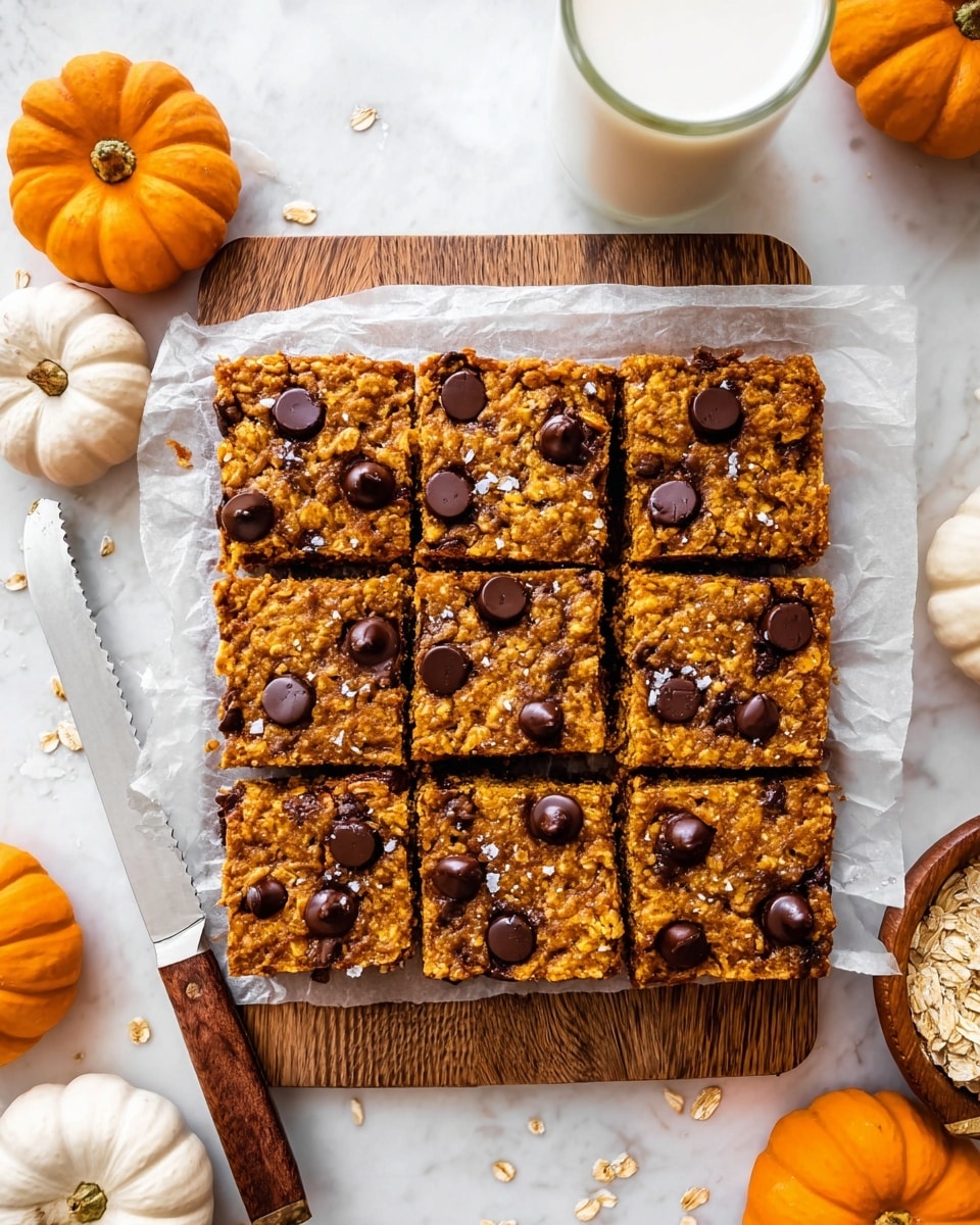 A wooden board holds a piece of white parchment paper on which nine square oatmeal bars are neatly arranged in a 3x3 grid. Each bar is golden-brown with visible oats, scattered dark chocolate chips on top, and small bits of coarse salt adding texture. The bars look thick and dense, with a slightly rough surface from the oats and chips. Around the board, there are small oats scattered and three small pumpkins of orange and white colors on a white marbled background. A straight-edged knife with a white handle lies to the left of the bars. A clear glass filled with milk sits at the top right corner, partially visible, all within a bright and clean setting. photo taken with an iphone --ar 4:5 --v 7
