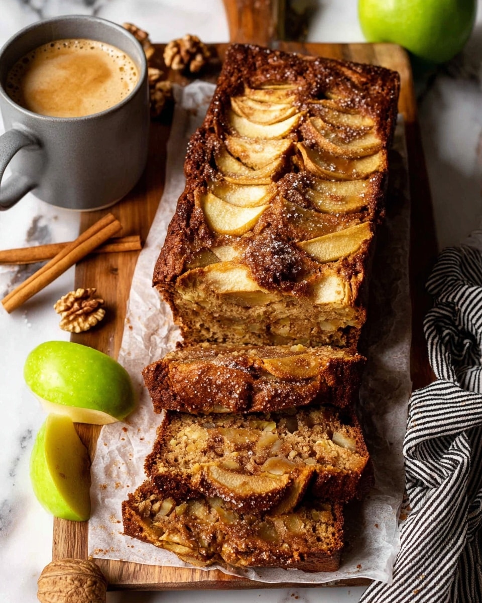 The image shows a loaf of apple cinnamon bread with three slices cut and laid out on a white parchment paper over a wooden board. The top of the loaf is decorated with evenly spaced, caramelized apple slices and a crumbly cinnamon sugar crust, giving a textured golden-brown look. The inside of the bread is dense and speckled with chunks of apple and walnuts. Around the board, there are fresh green apple slices, cinnamon sticks, and scattered walnut pieces. To the upper right, a light gray mug filled with foamy coffee sits on a white cloth with thin black stripes, all set on a white marbled surface. Photo taken with an iphone --ar 4:5 --v 7