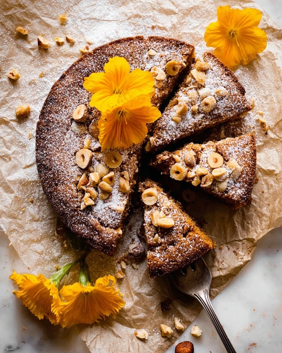 A round cake with a cracked, golden-brown top is lightly dusted with powdered sugar and topped with scattered chopped hazelnuts. The cake is cut into four large wedges with one piece slightly pulled out and resting on a silver fork. Around the cake are bright yellow flowers placed on a white marbled textured surface sprinkled with more powdered sugar and a few loose hazelnuts. The cake’s texture shows a slightly crunchy edge and a softer inside with a rich, warm color. Photo taken with an iphone --ar 4:5 --v 7