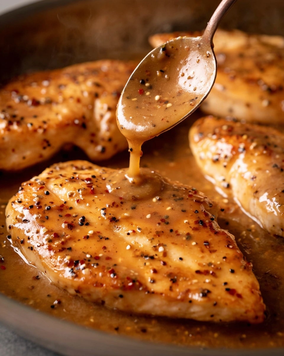 The image shows three golden-brown chicken breasts frying in a pan, covered with a creamy pepper sauce that is being poured from a spoon. The sauce is thick, light brown with black pepper bits spread evenly on the chicken, giving it a glossy and rich texture. The chicken pieces have a slight shine, indicating they are cooked and coated well, sitting closely together in the pan. The background is a white marbled texture. Photo taken with an iphone --ar 4:5 --v 7