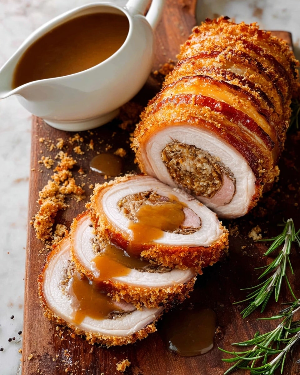 The image shows a crispy roast pork roll with a deep golden-brown, crunchy outer layer cut into thick slices, revealing juicy pink and white meat with a spiral of dark seasoning inside. The roll rests on a wooden board with sprigs of fresh green rosemary beside it. Two slices lie flat in front of the main roll, topped with a thick light brown gravy that also fills a white gravy boat sitting nearby. The whole scene is set on a white marbled surface. photo taken with an iphone --ar 4:5 --v 7